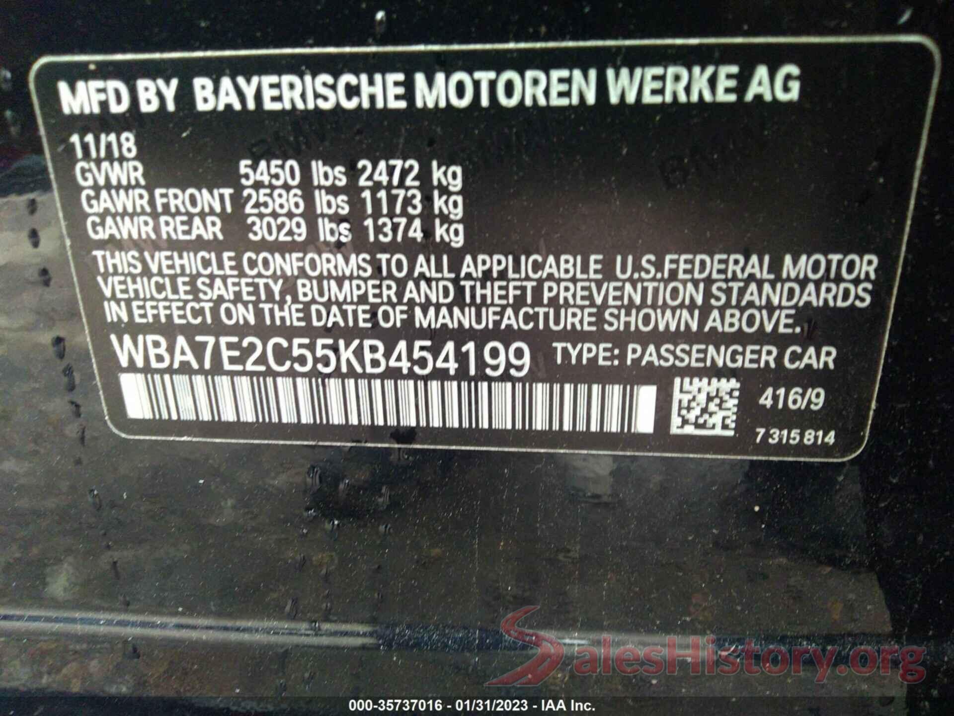 WBA7E2C55KB454199 2019 BMW 7 SERIES