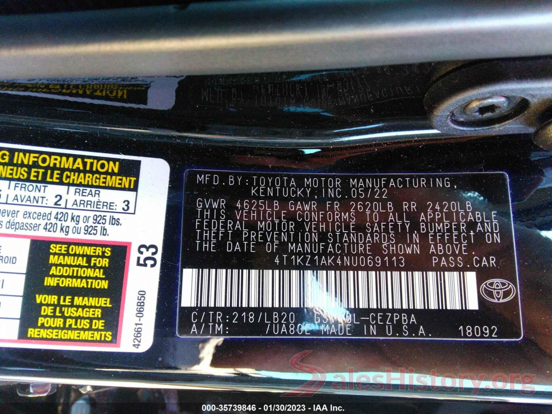 4T1KZ1AK4NU069113 2022 TOYOTA CAMRY