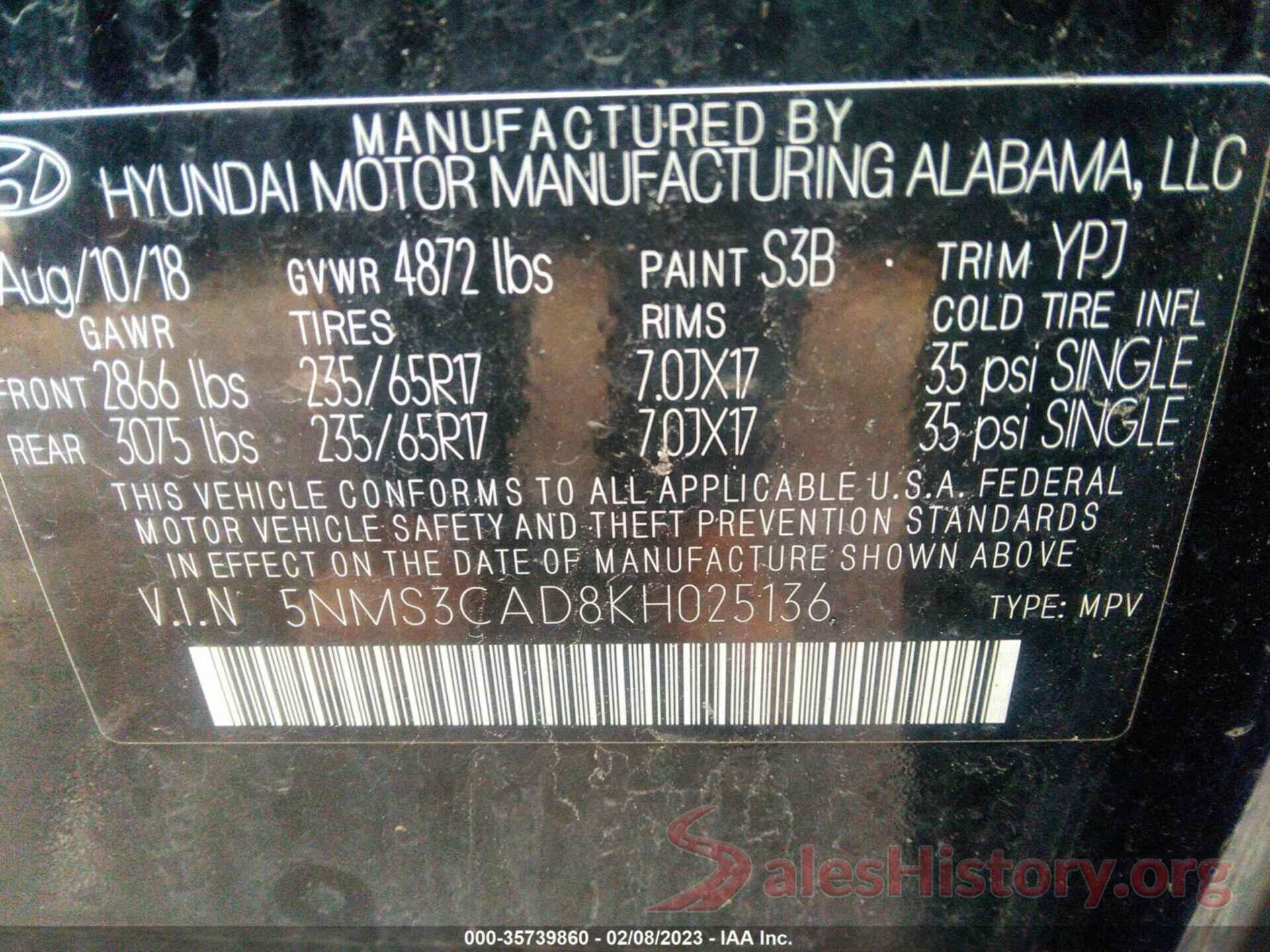 5NMS3CAD8KH025136 2019 HYUNDAI SANTA FE