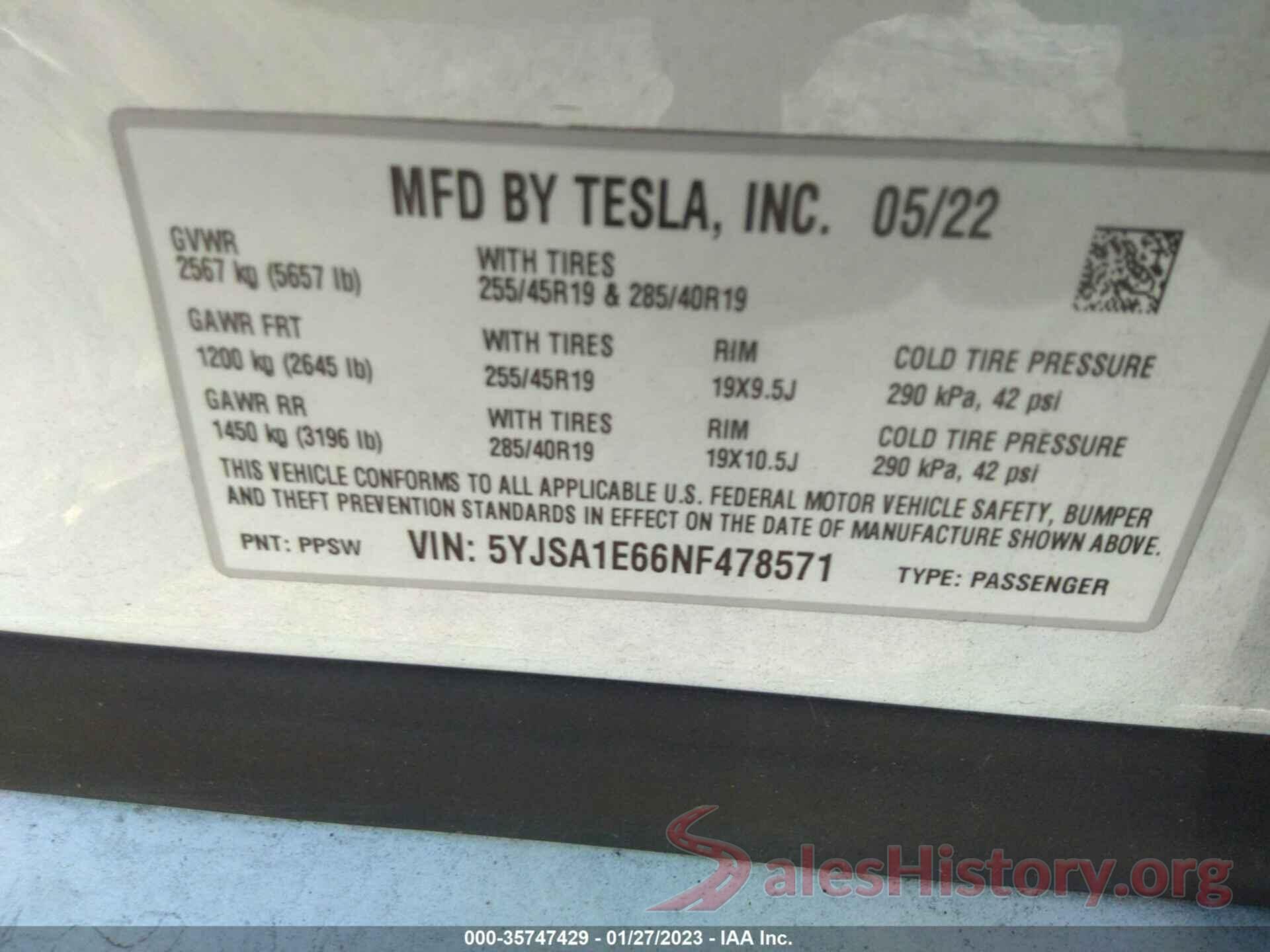 5YJSA1E66NF478571 2022 TESLA MODEL S