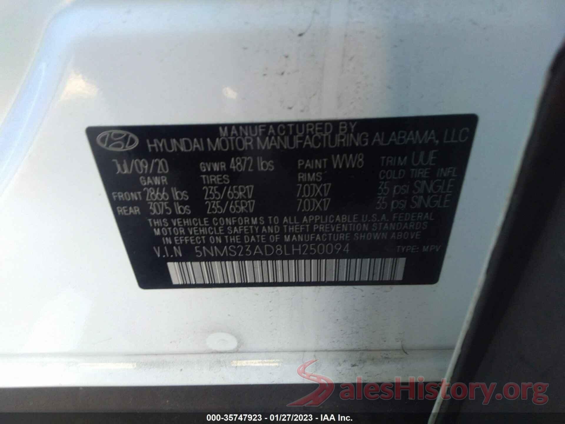 5NMS23AD8LH250094 2020 HYUNDAI SANTA FE