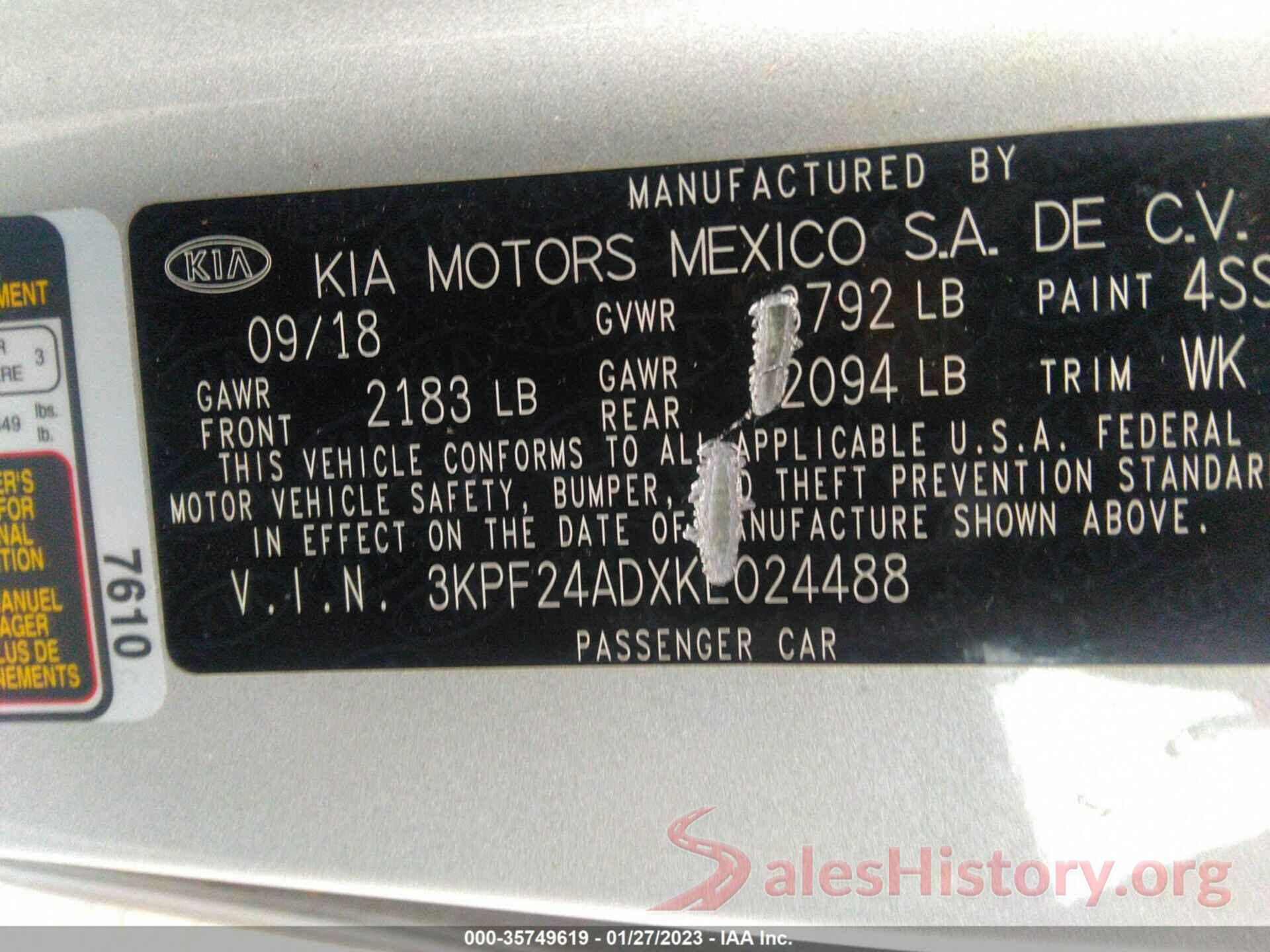 3KPF24ADXKE024488 2019 KIA FORTE