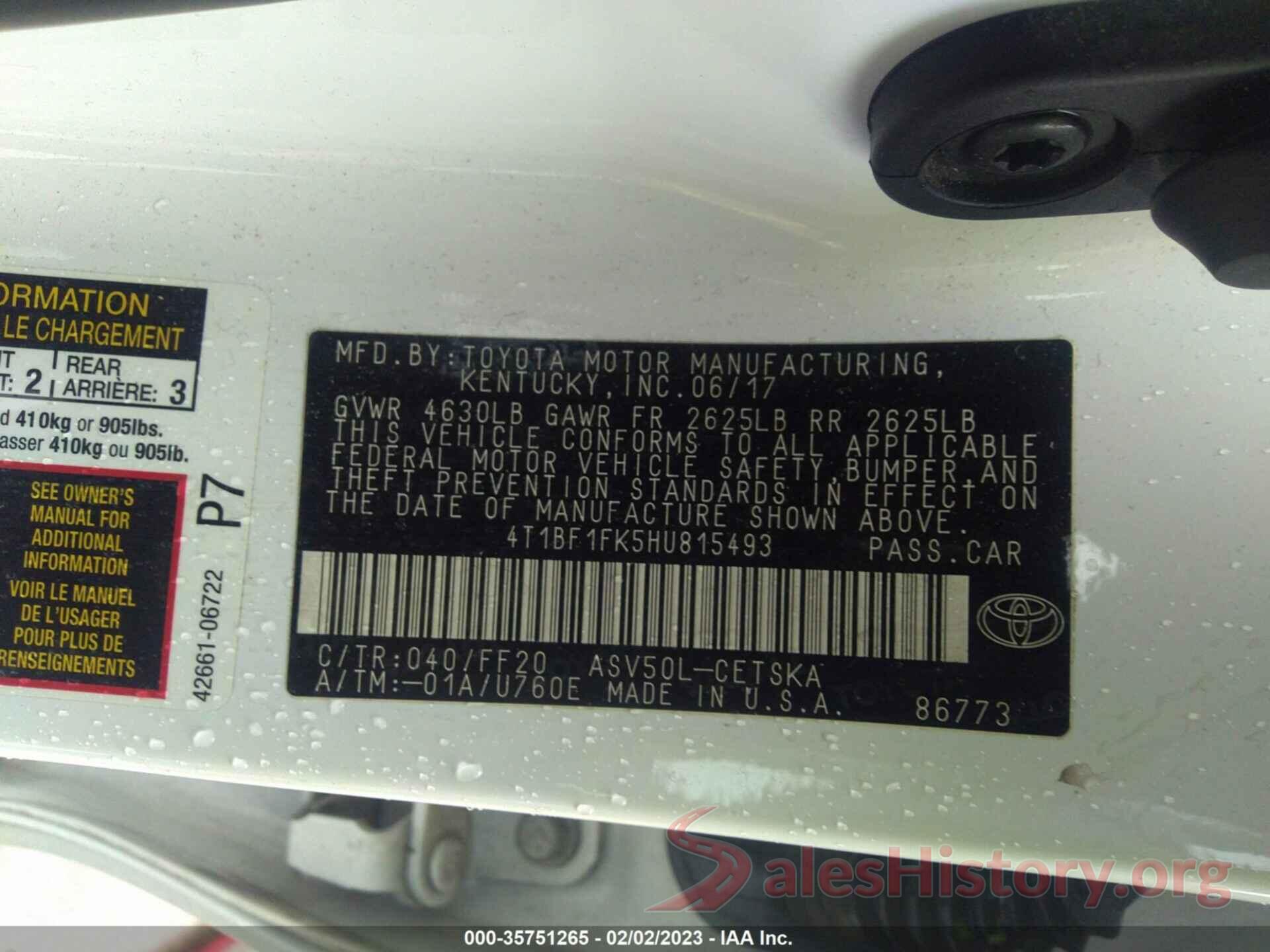 4T1BF1FK5HU815493 2017 TOYOTA CAMRY