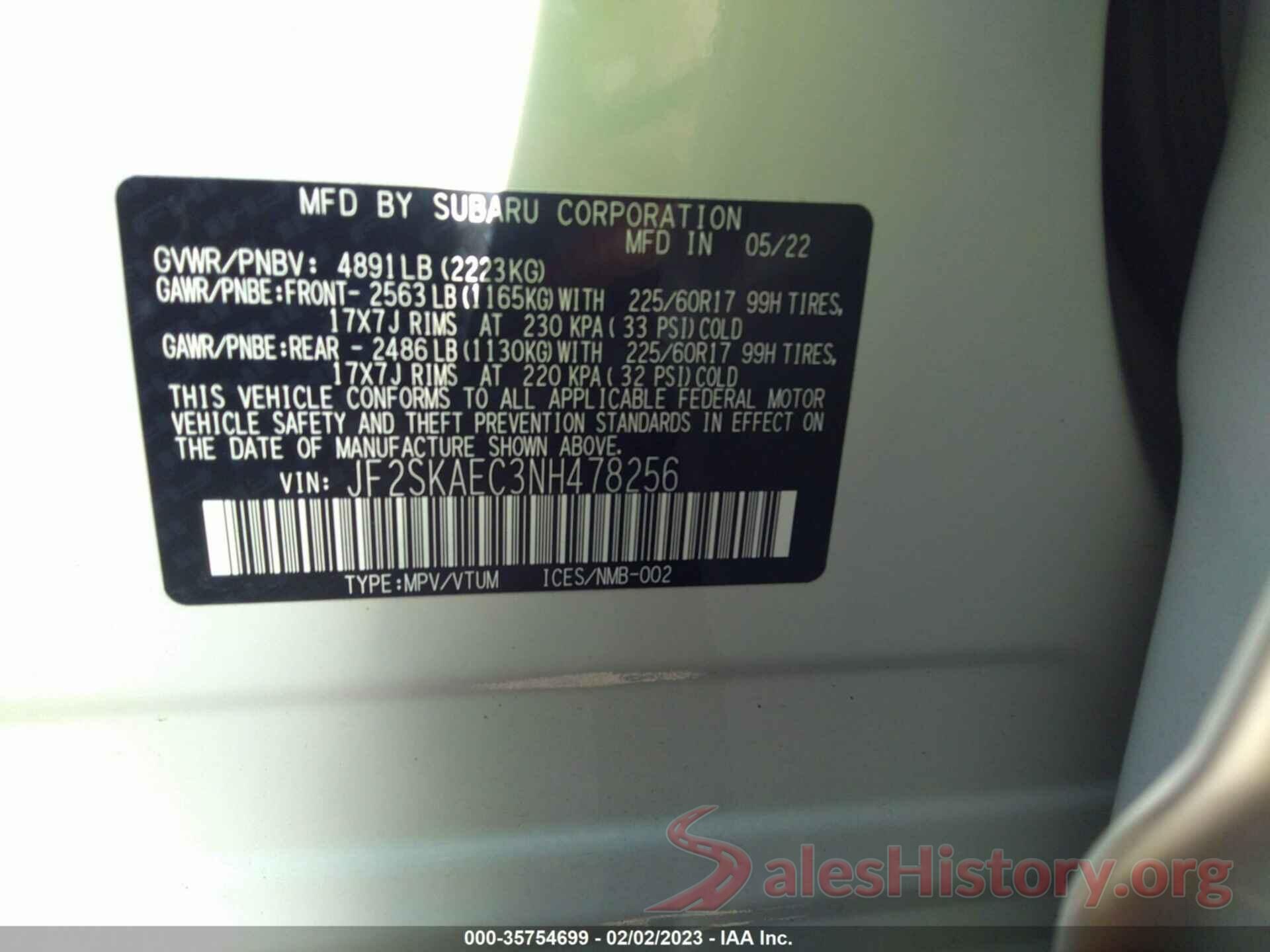 JF2SKAEC3NH478256 2022 SUBARU FORESTER