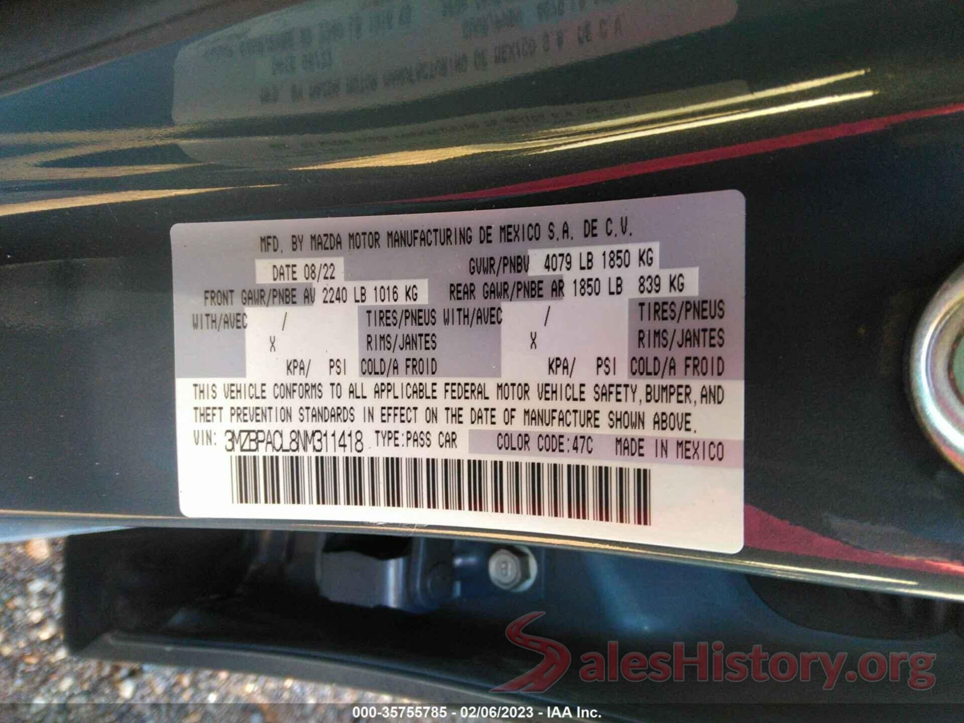 3MZBPACL8NM311418 2022 MAZDA MAZDA3 SEDAN