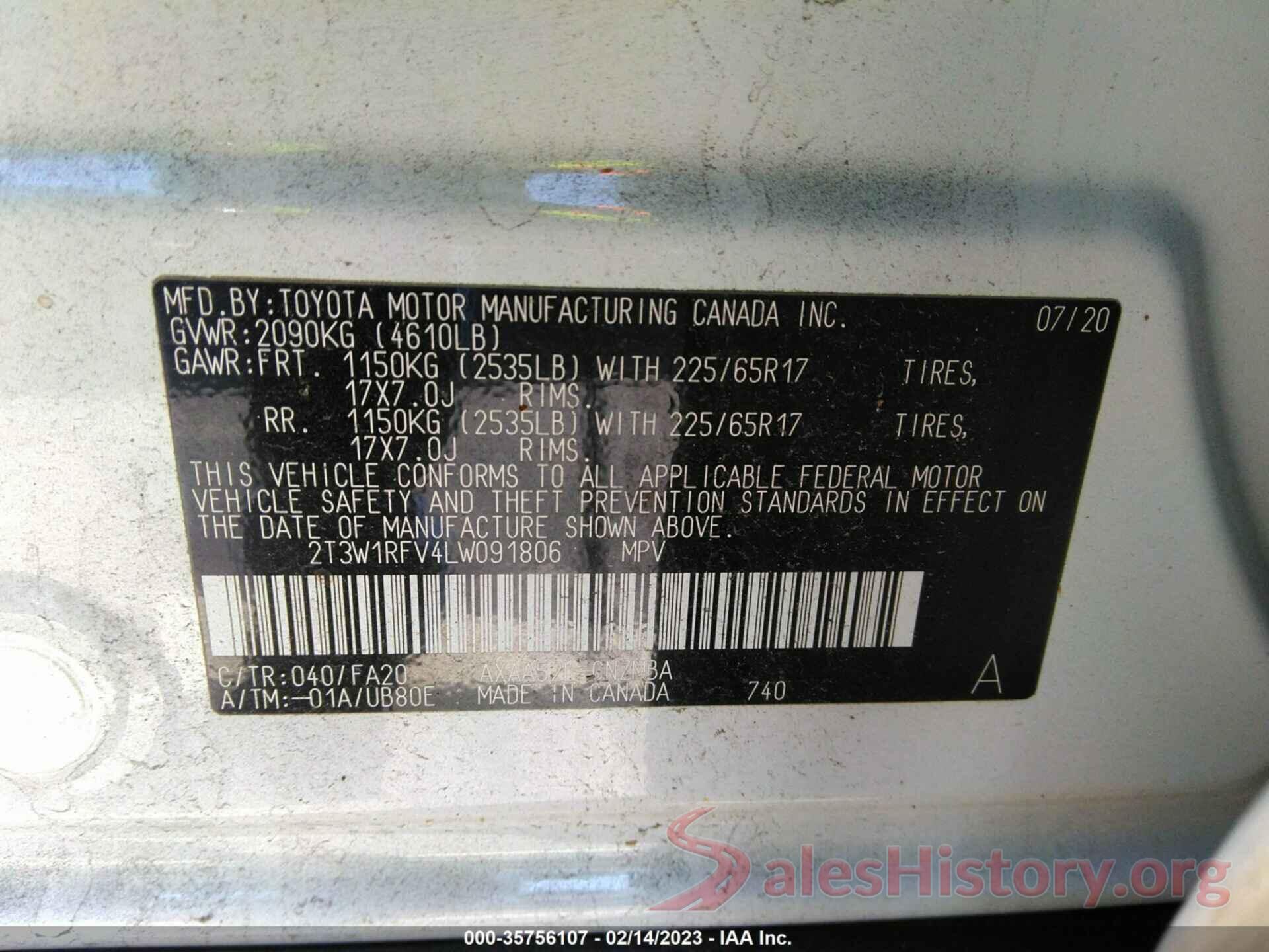 2T3W1RFV4LW091806 2020 TOYOTA RAV4