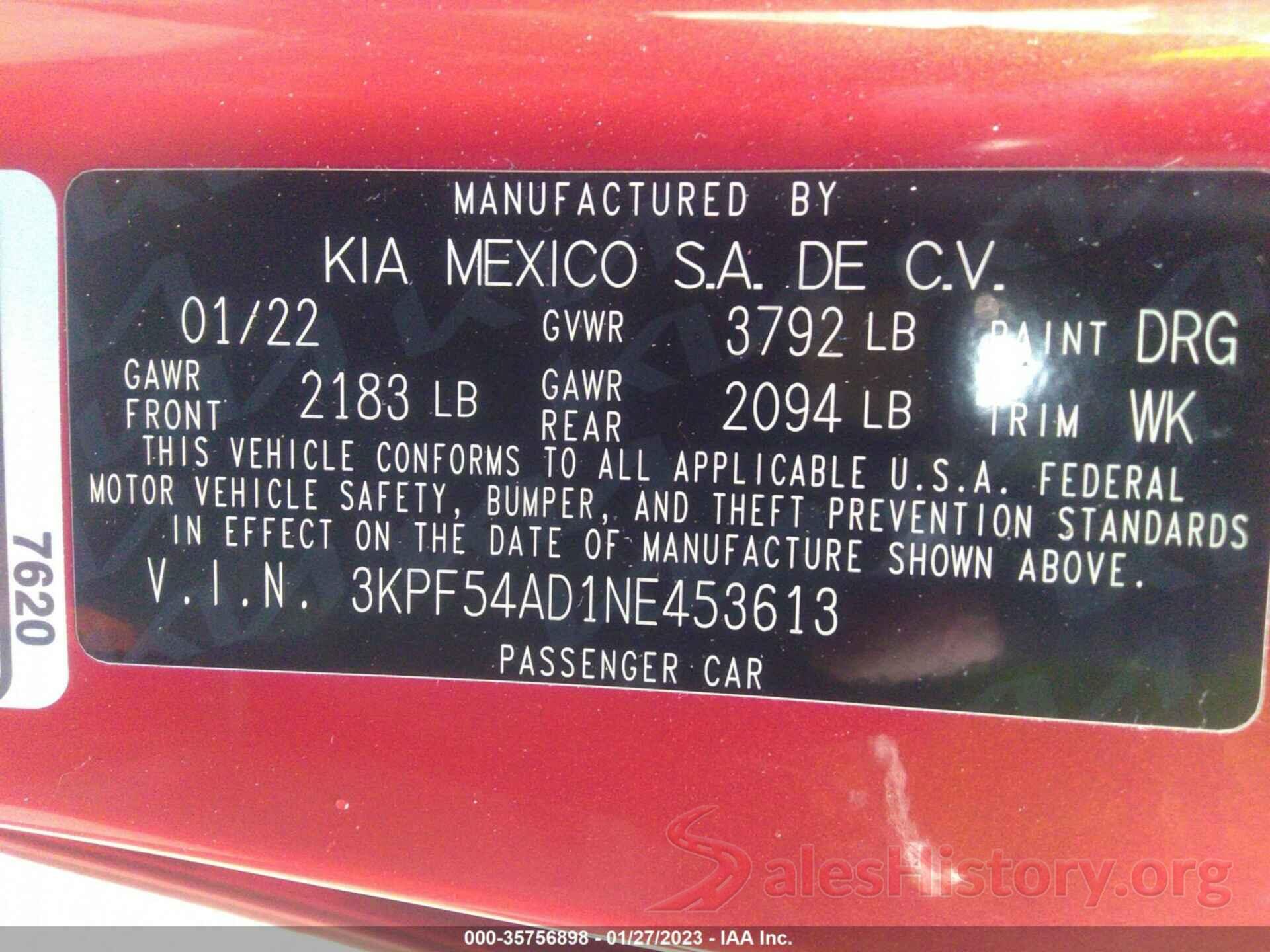 3KPF54AD1NE453613 2022 KIA FORTE