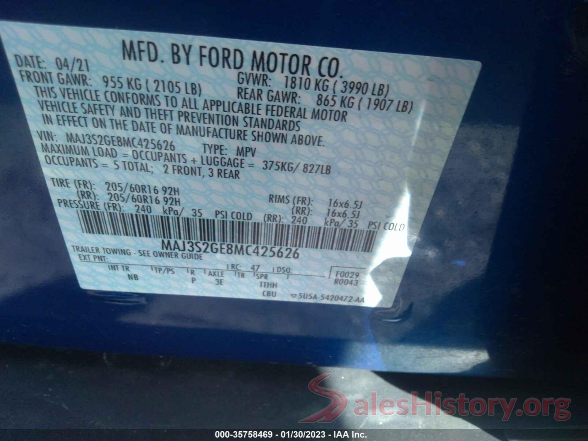 MAJ3S2GE8MC425626 2021 FORD ECOSPORT