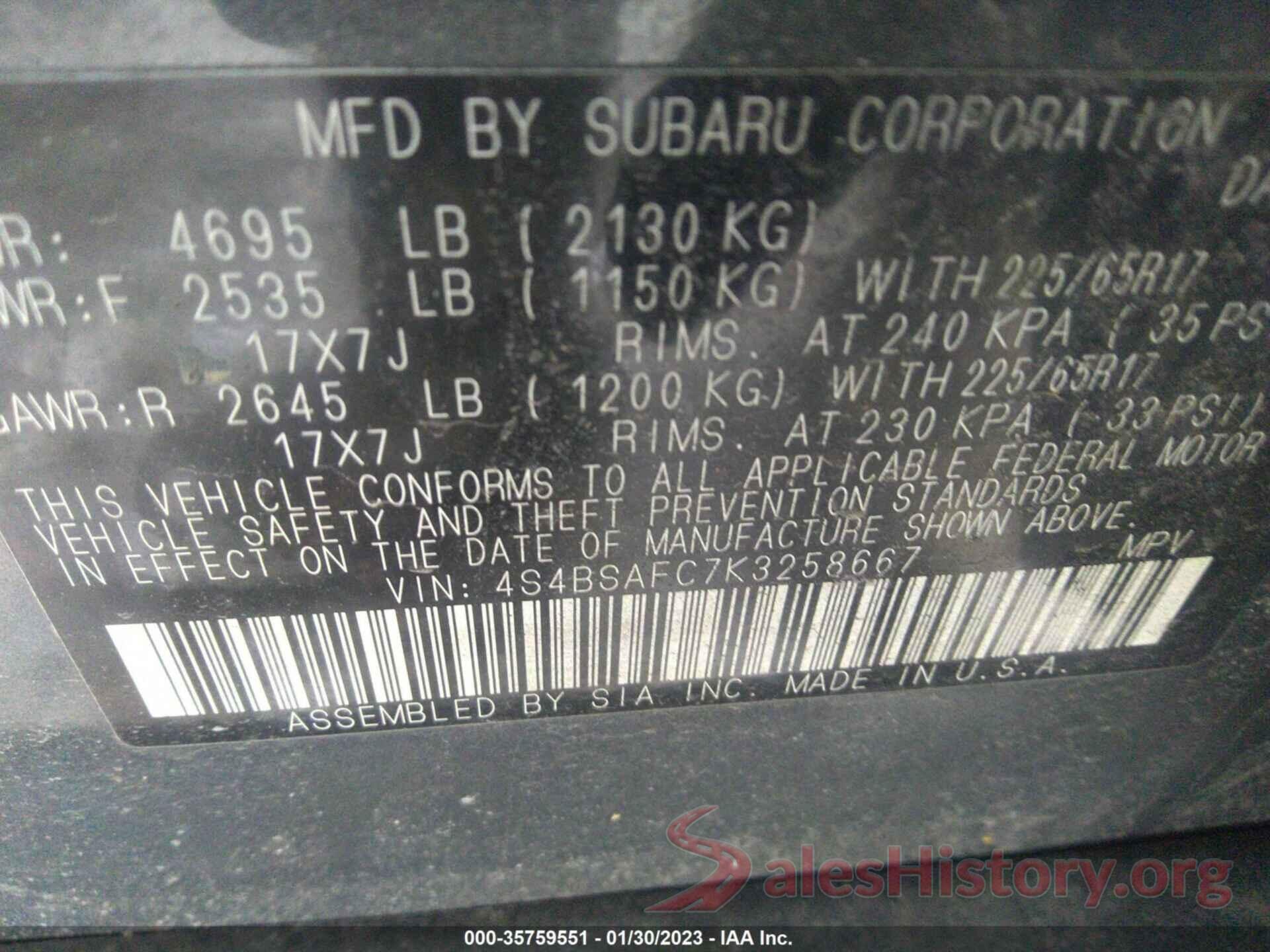 4S4BSAFC7K3258667 2019 SUBARU OUTBACK