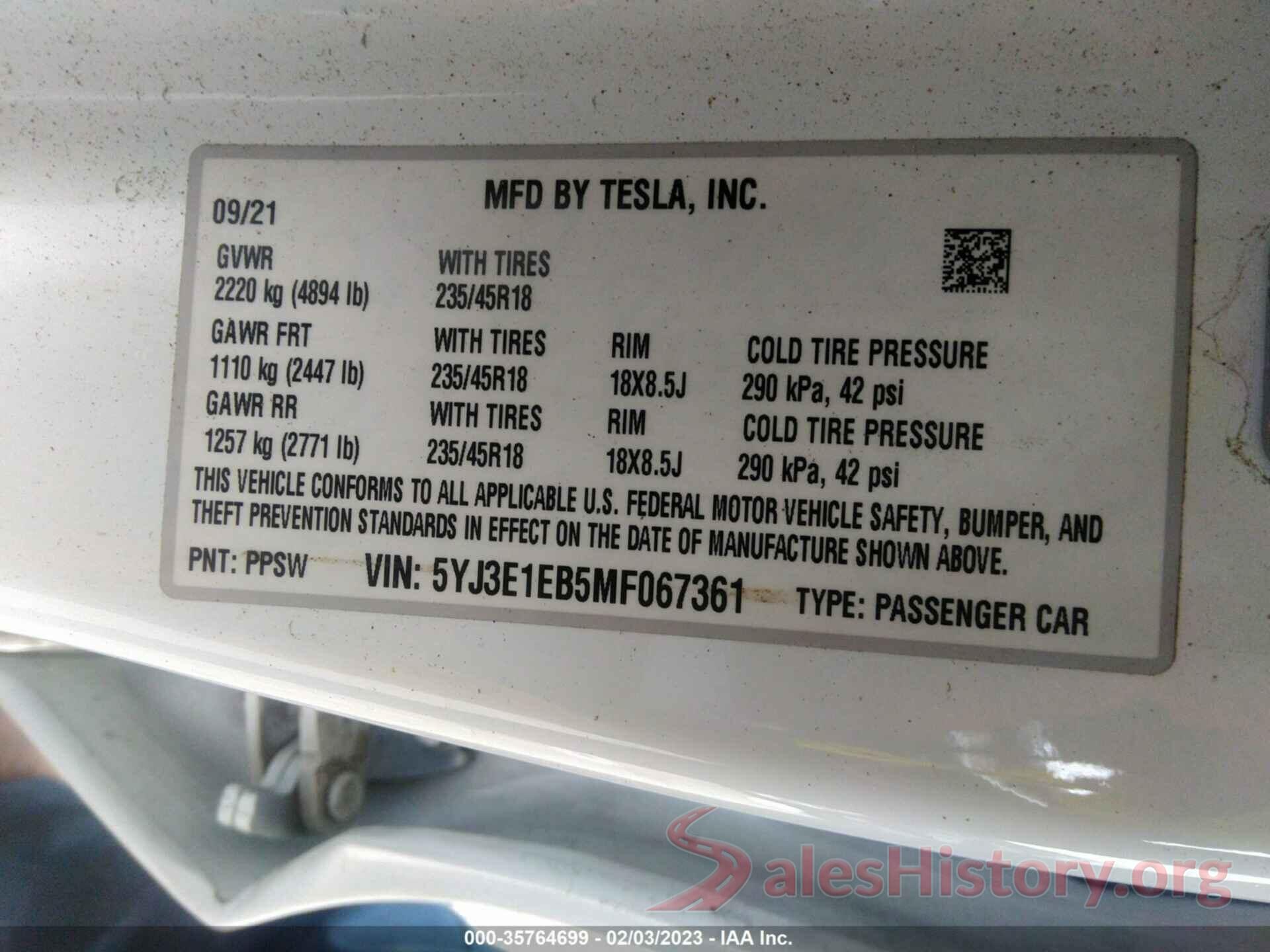 5YJ3E1EB5MF067361 2021 TESLA MODEL 3