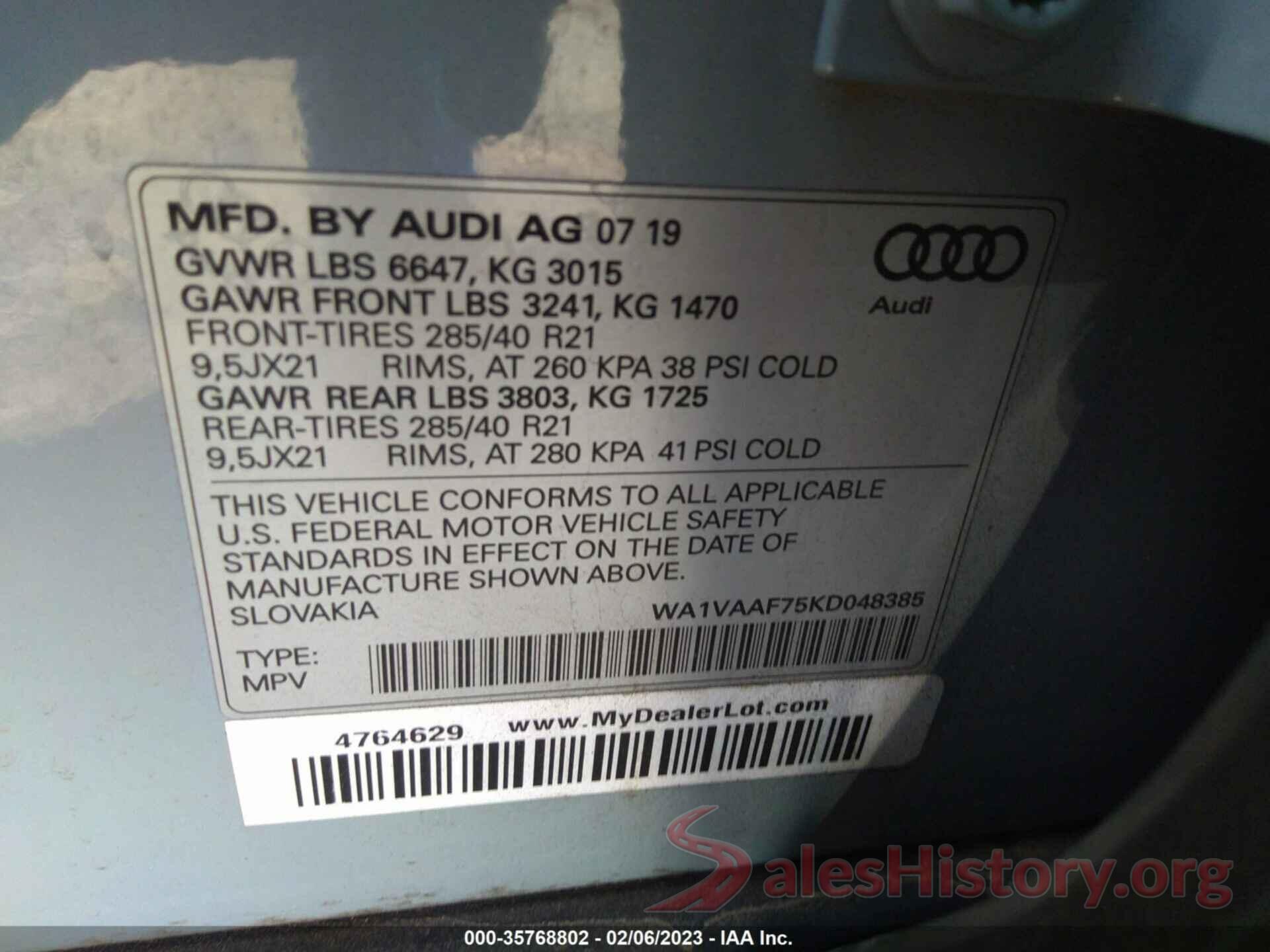 WA1VAAF75KD048385 2019 AUDI Q7