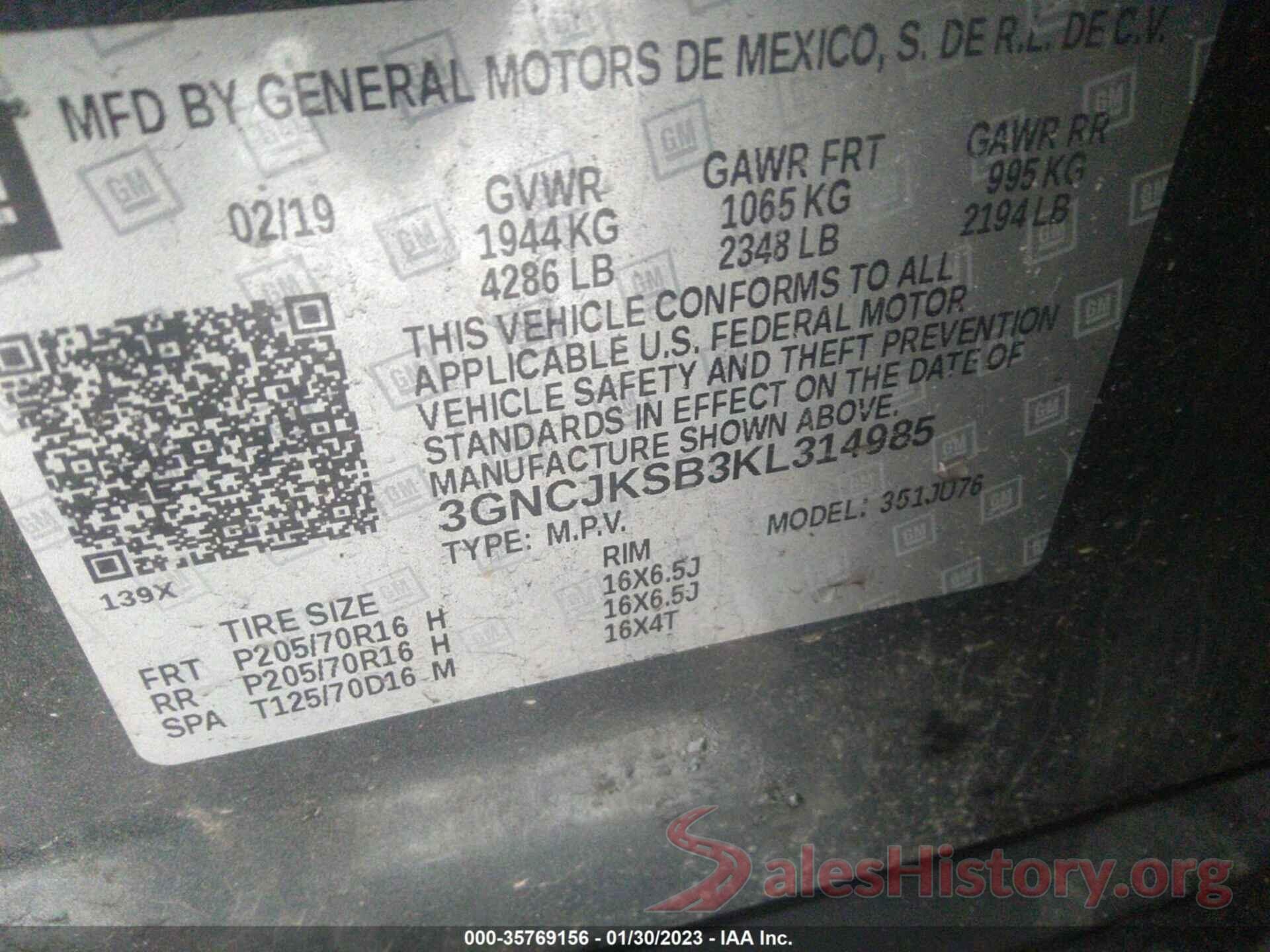 3GNCJKSB3KL314985 2019 CHEVROLET TRAX