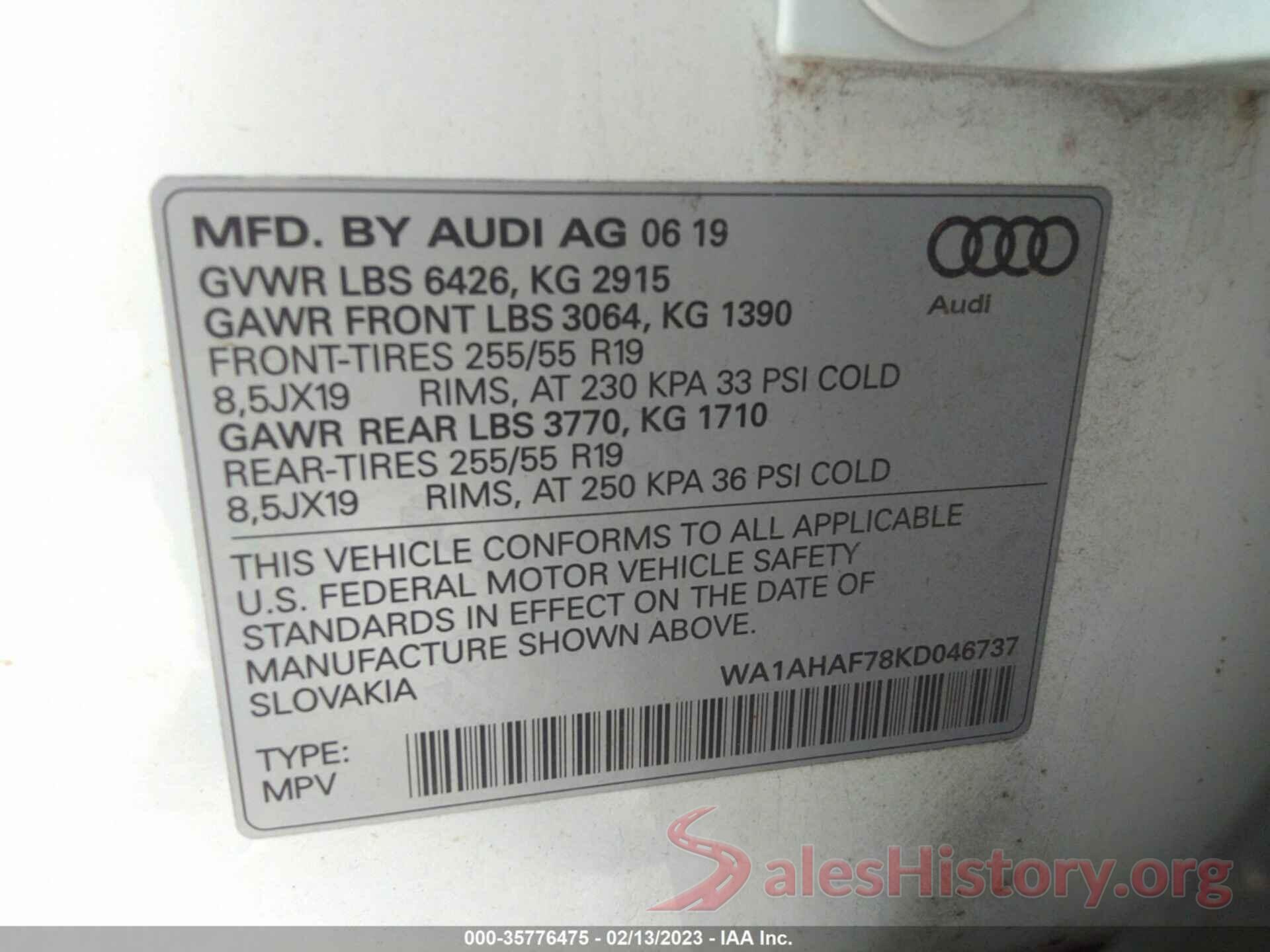 WA1AHAF78KD046737 2019 AUDI Q7