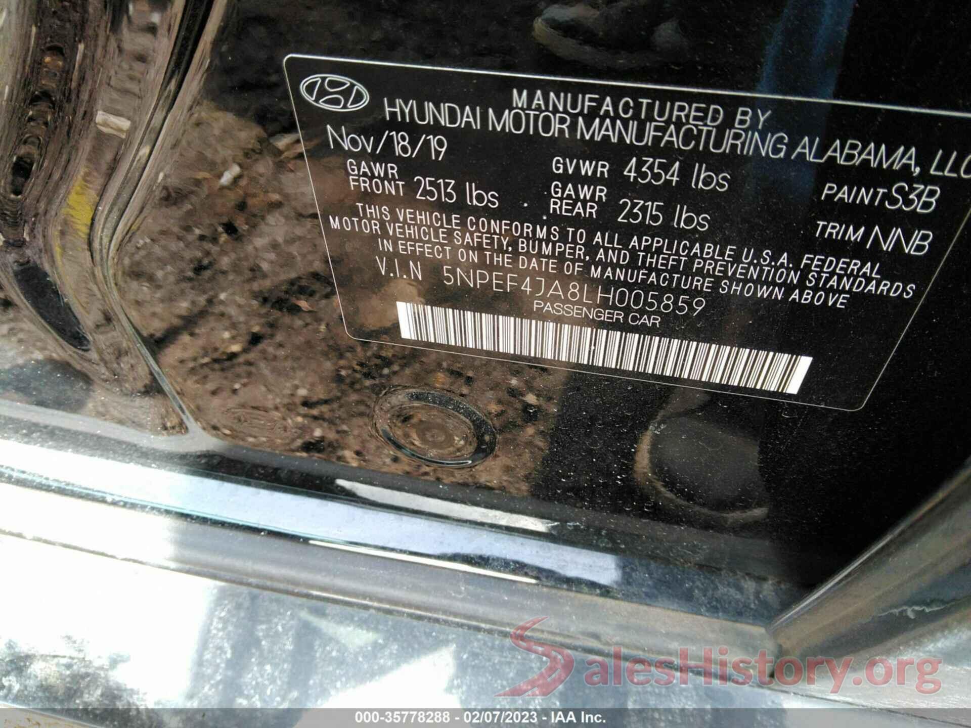 5NPEF4JA8LH005859 2020 HYUNDAI SONATA