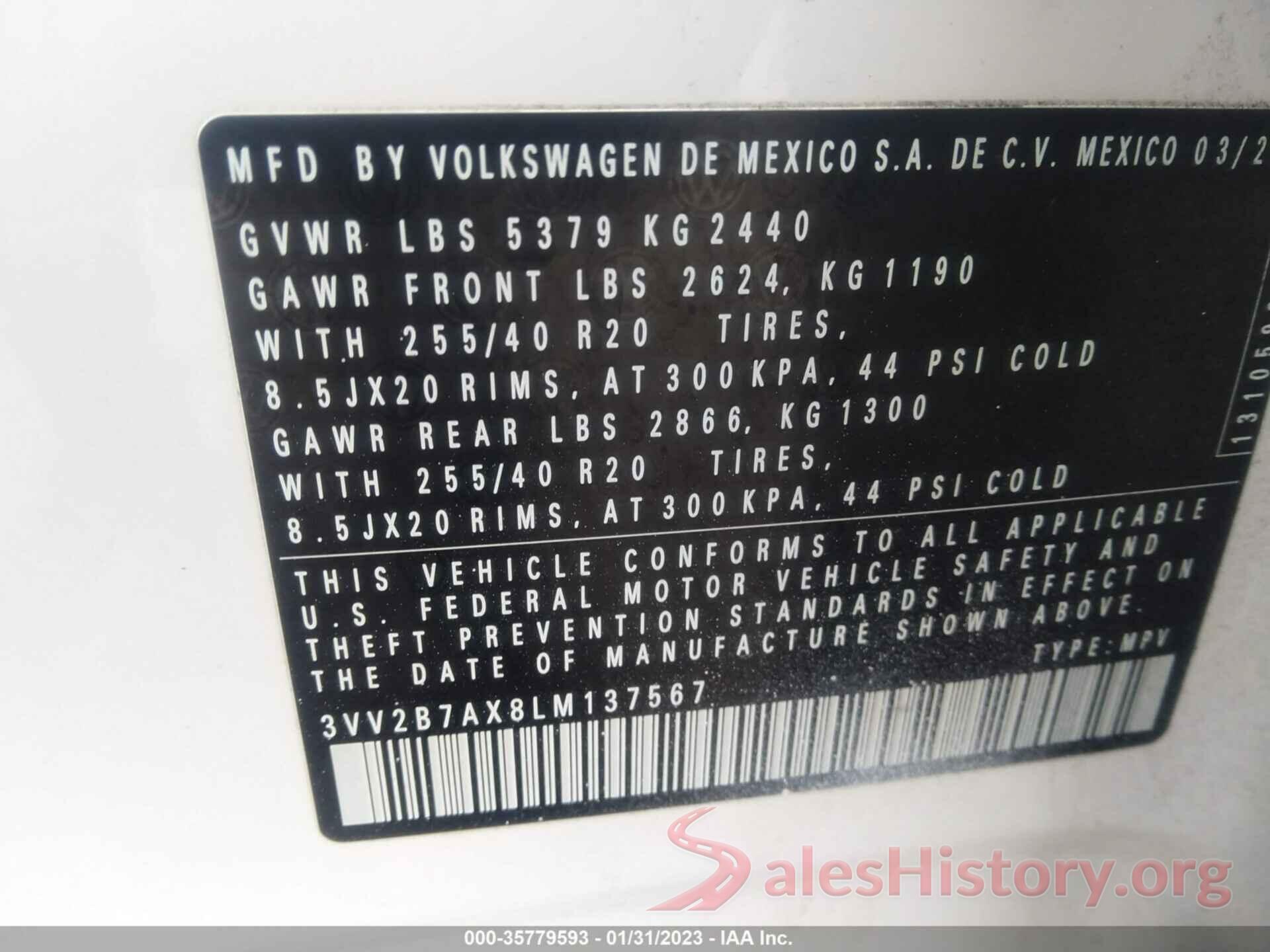 3VV2B7AX8LM137567 2020 VOLKSWAGEN TIGUAN