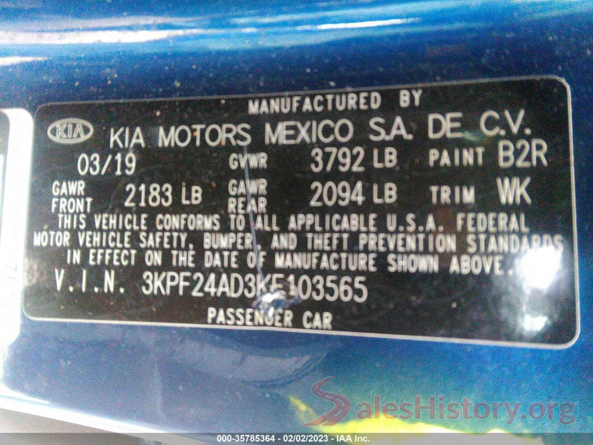 3KPF24AD3KE103565 2019 KIA FORTE