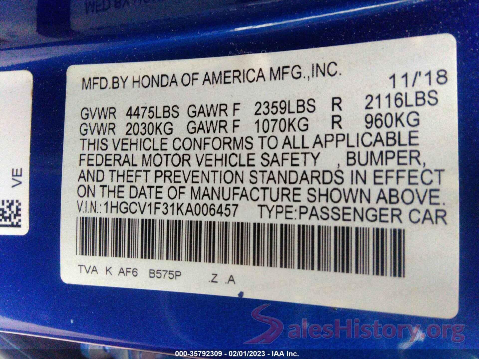 1HGCV1F31KA006457 2019 HONDA ACCORD SEDAN