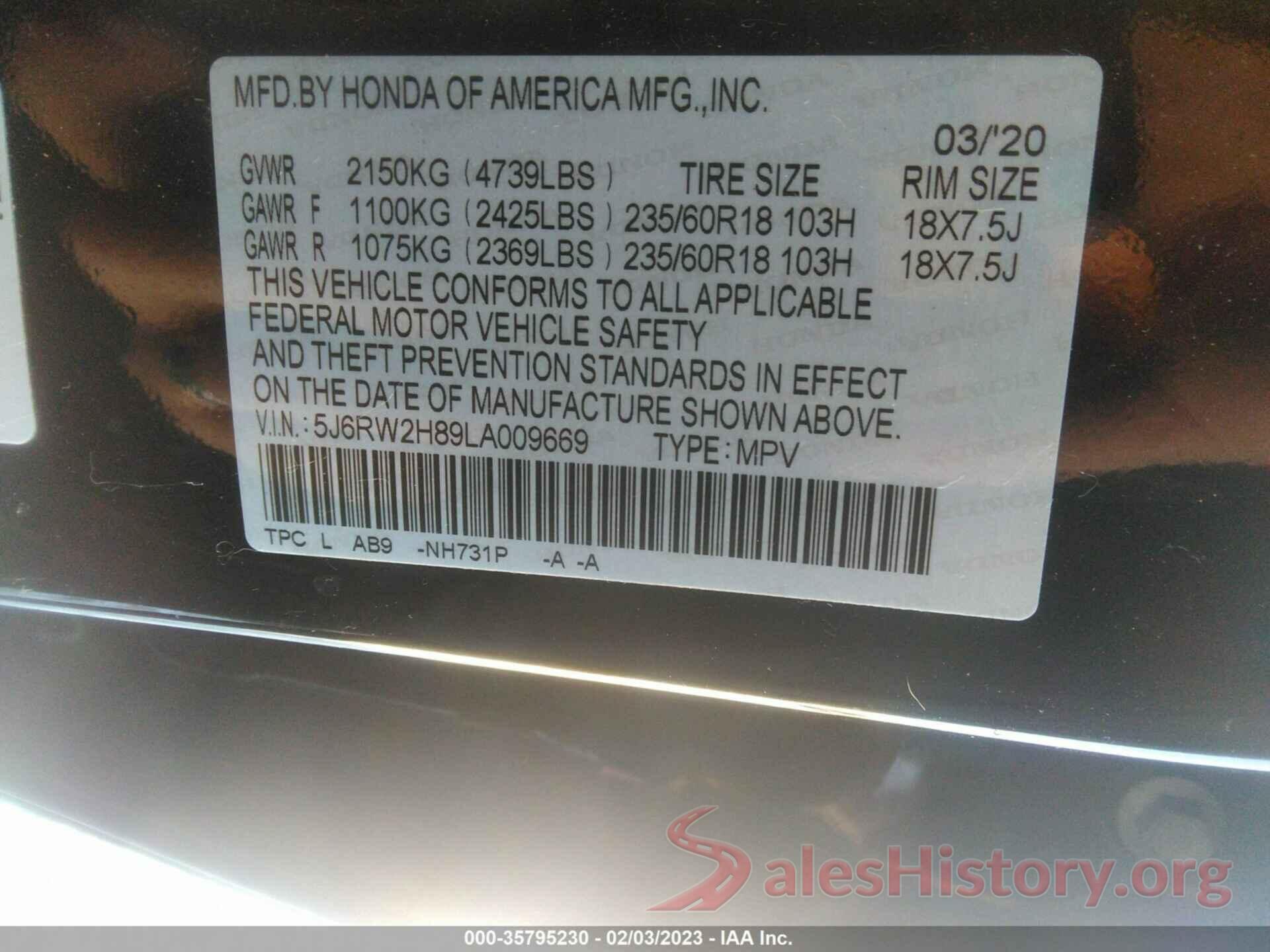 5J6RW2H89LA009669 2020 HONDA CR-V