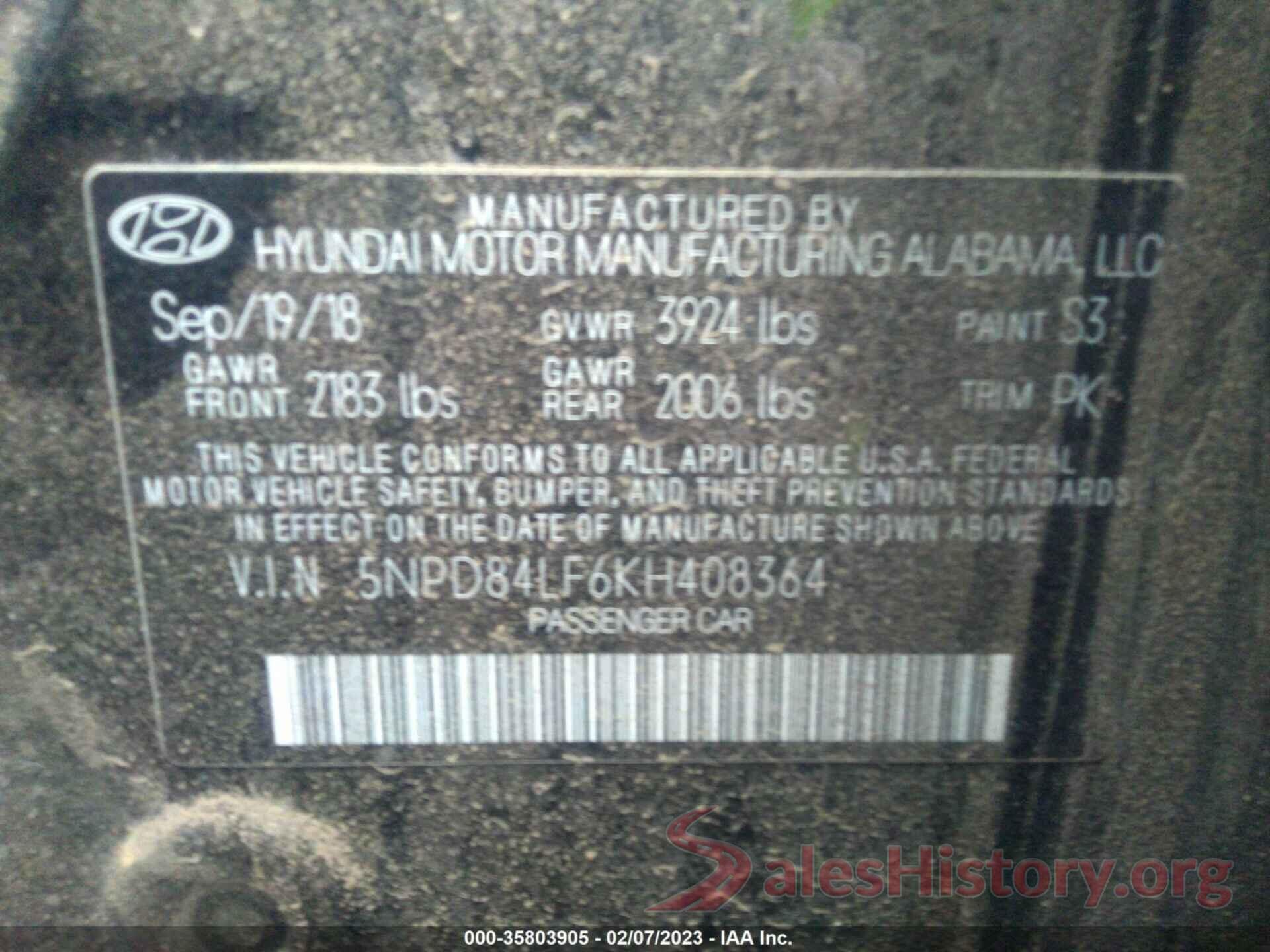 5NPD84LF6KH408364 2019 HYUNDAI ELANTRA