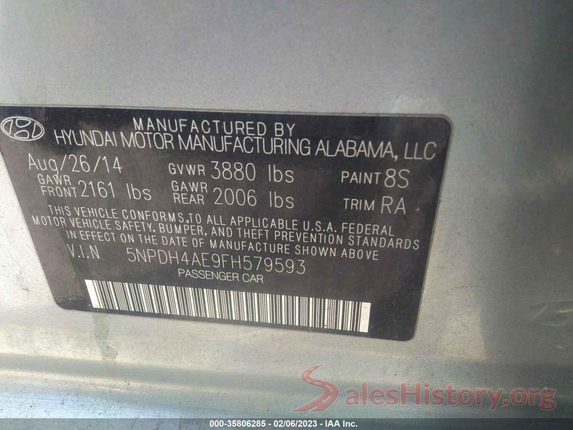 5NPDH4AE9FH579593 2015 HYUNDAI ELANTRA