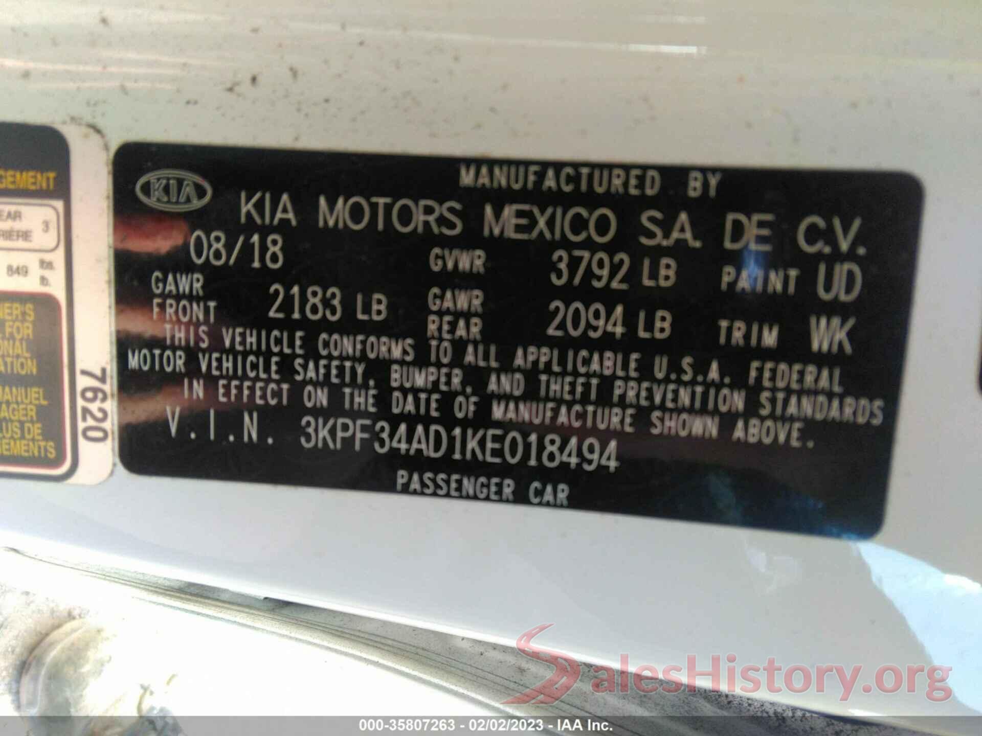 3KPF34AD1KE018494 2019 KIA FORTE