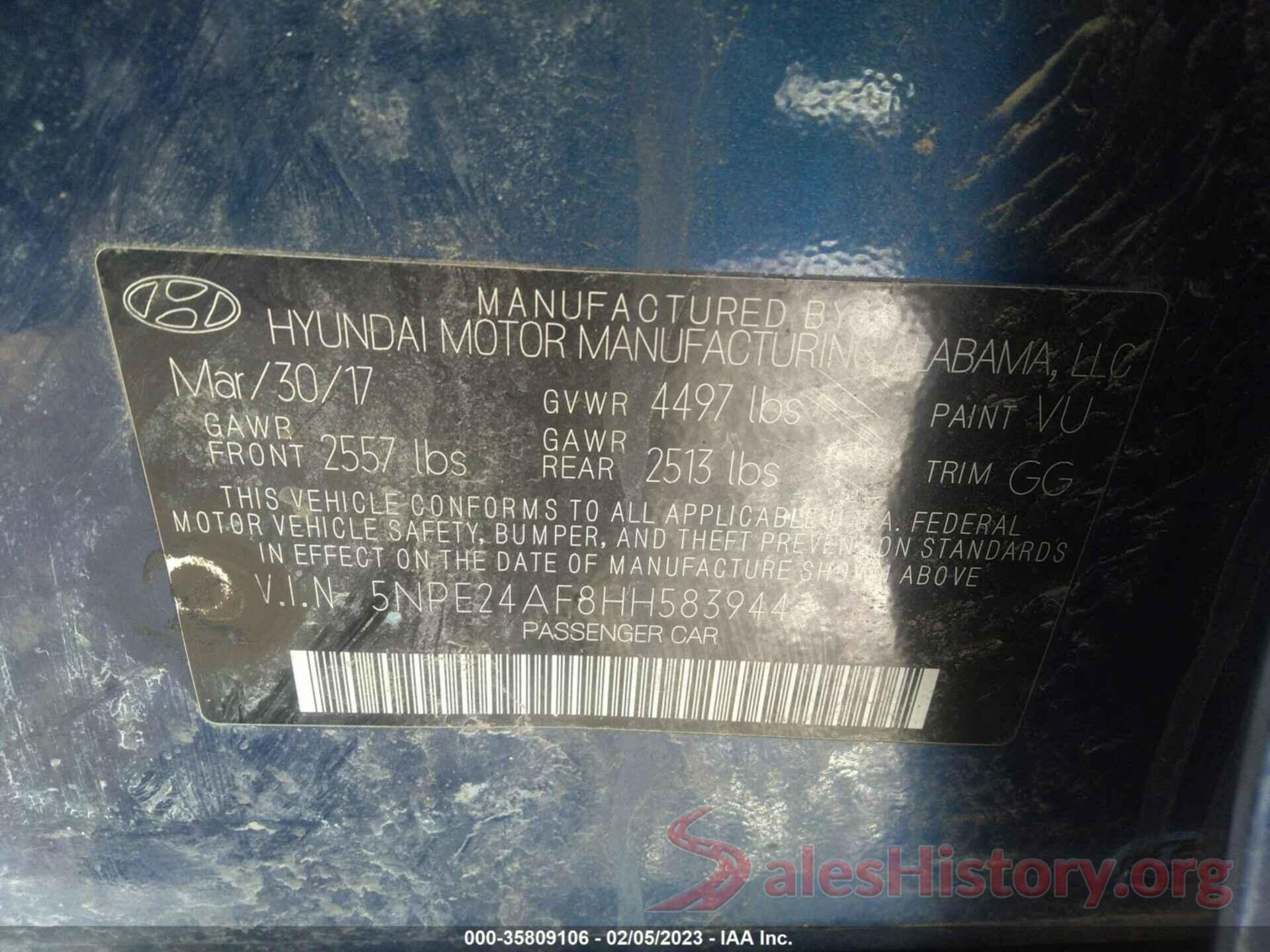 5NPE24AF8HH583944 2017 HYUNDAI SONATA