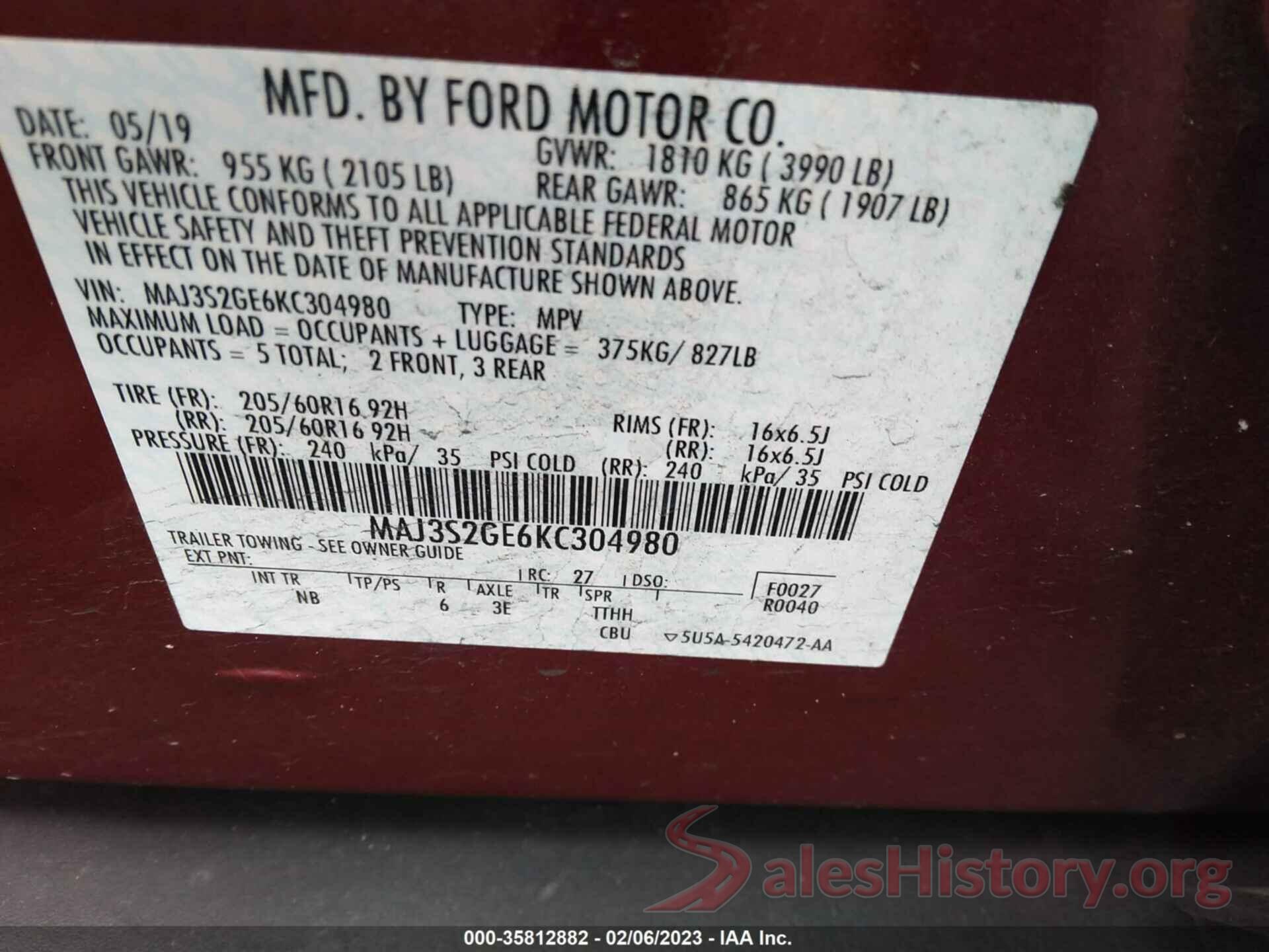 MAJ3S2GE6KC304980 2019 FORD ECOSPORT