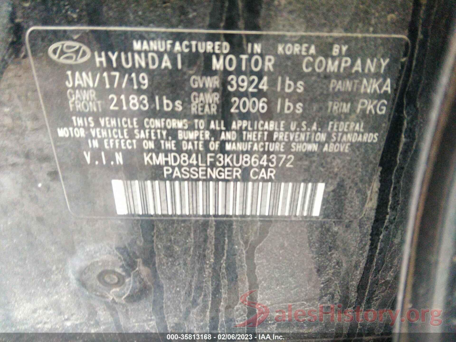 KMHD84LF3KU864372 2019 HYUNDAI ELANTRA