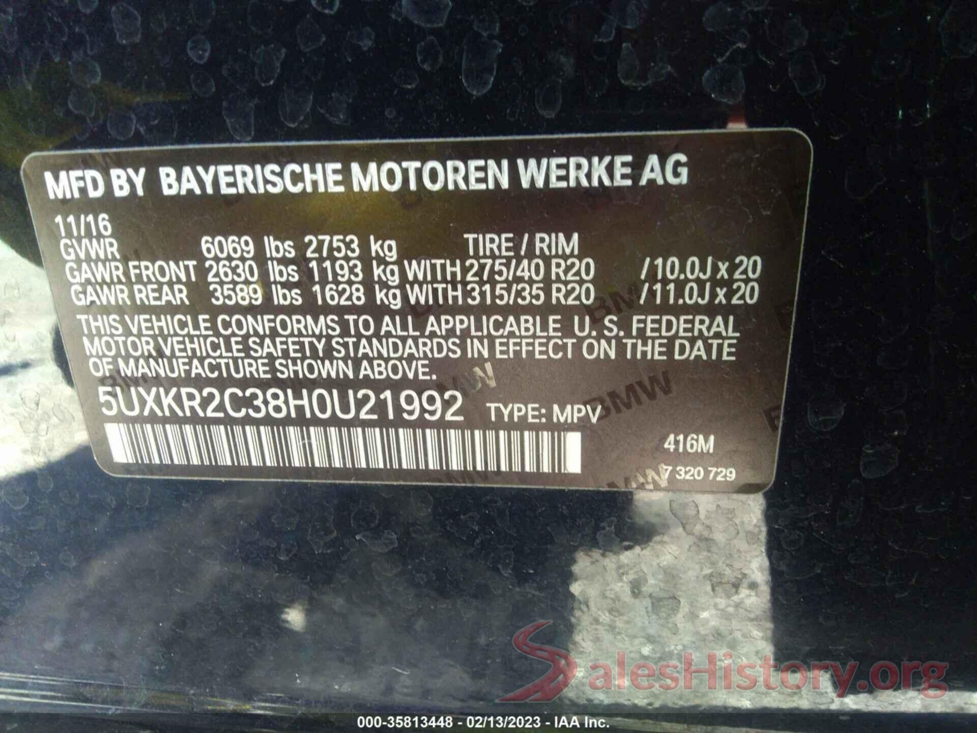 5UXKR2C38H0U21992 2017 BMW X5