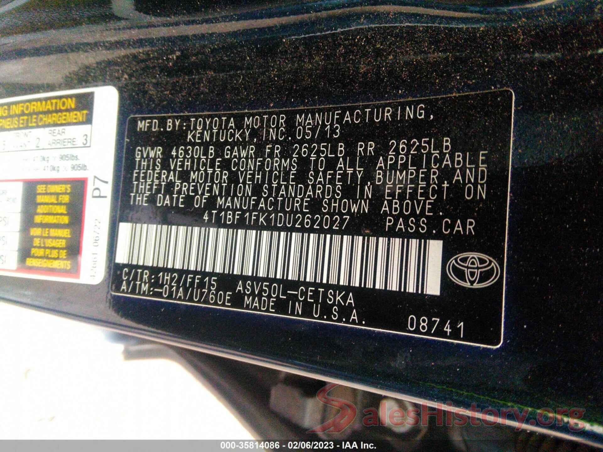 4T1BF1FK1DU262027 2013 TOYOTA CAMRY