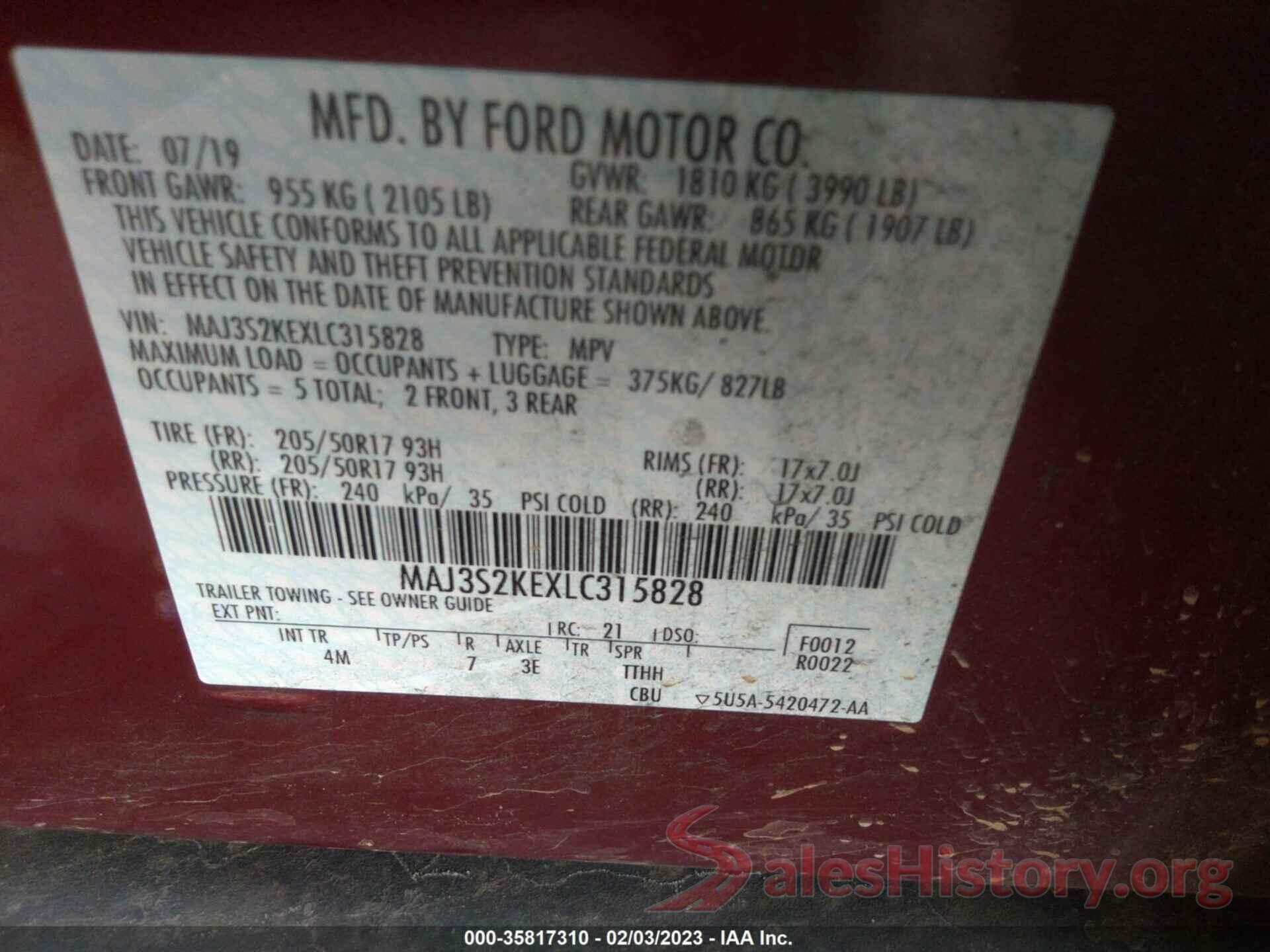 MAJ3S2KEXLC315828 2020 FORD ECOSPORT