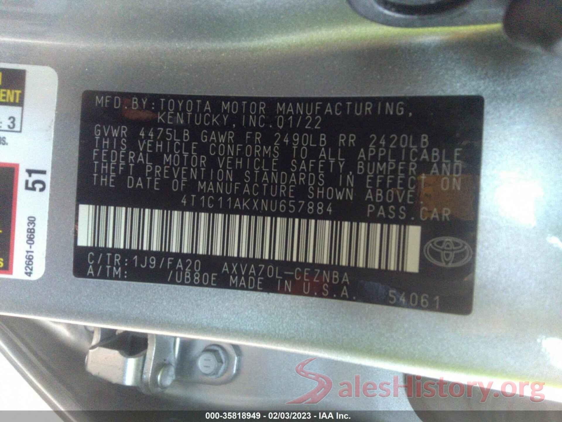 4T1C11AKXNU657884 2022 TOYOTA CAMRY