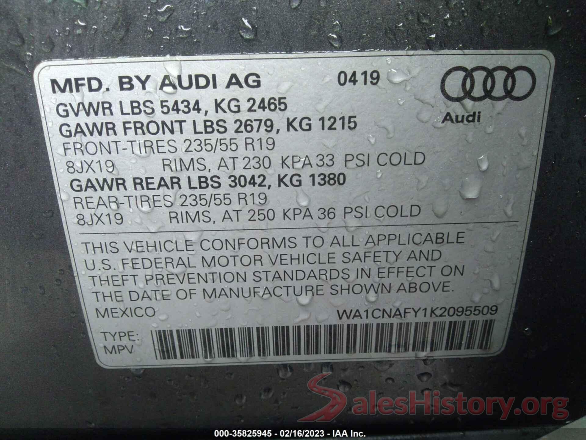 WA1CNAFY1K2095509 2019 AUDI Q5