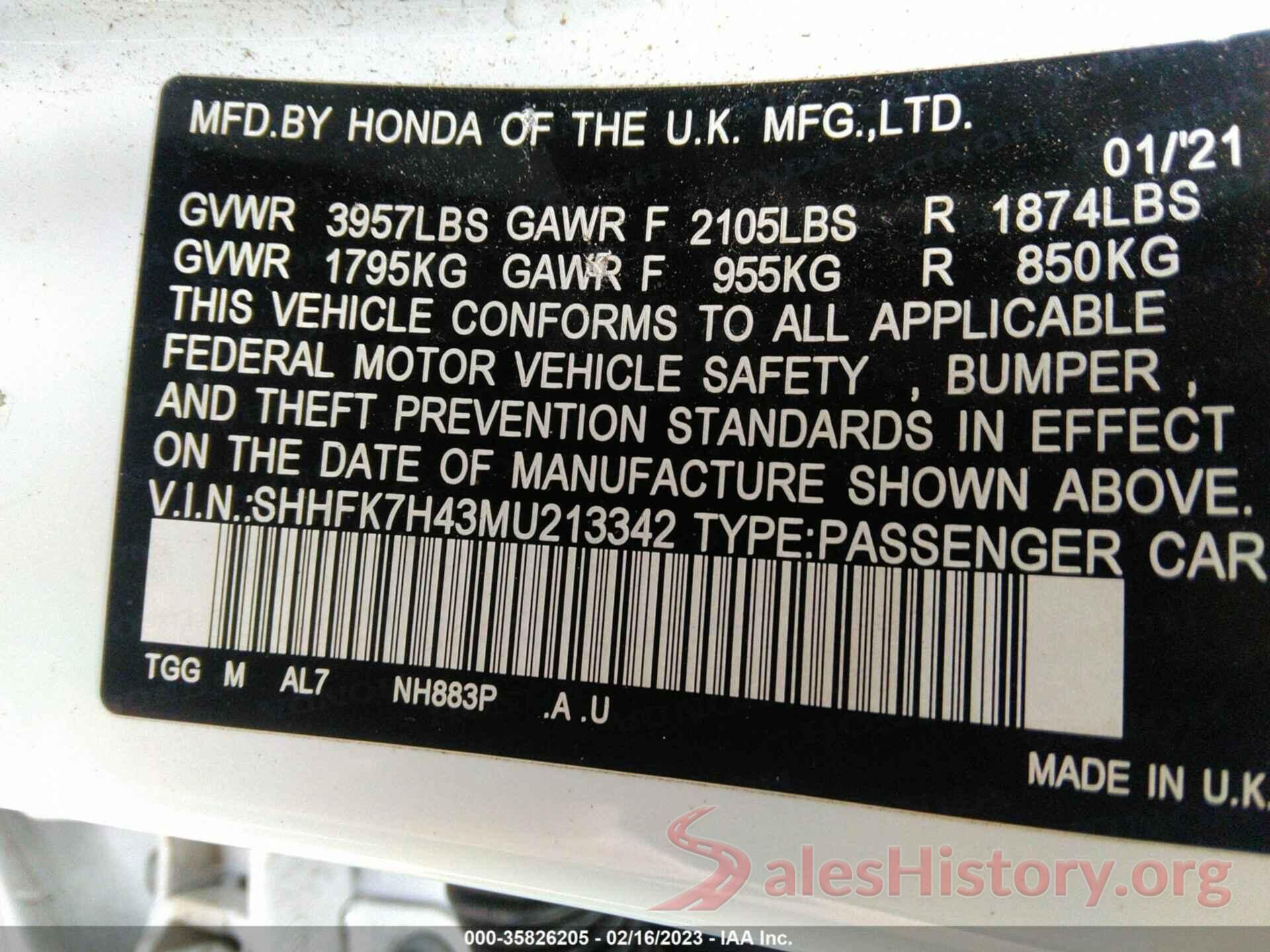 SHHFK7H43MU213342 2021 HONDA CIVIC HATCHBACK