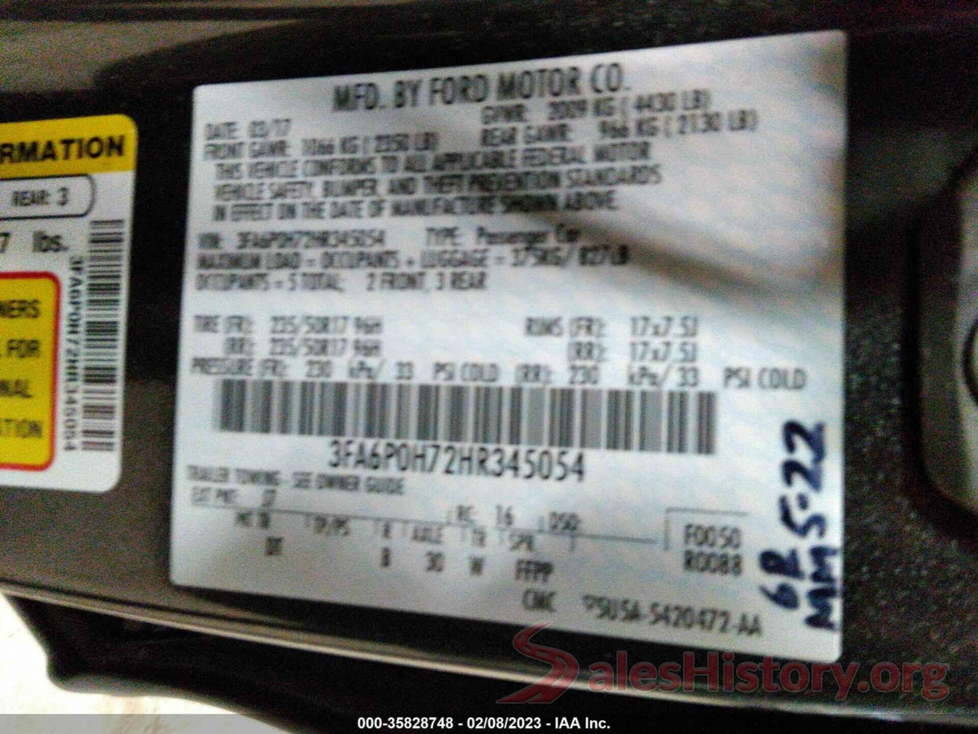 3FA6P0H72HR345054 2017 FORD FUSION