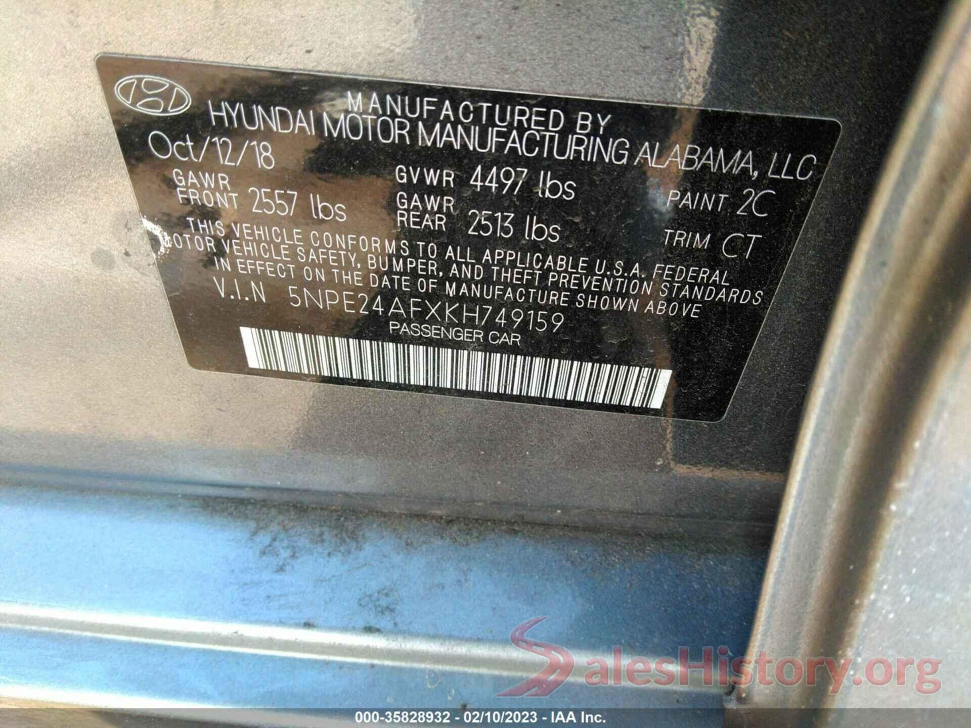 5NPE24AFXKH749159 2019 HYUNDAI SONATA