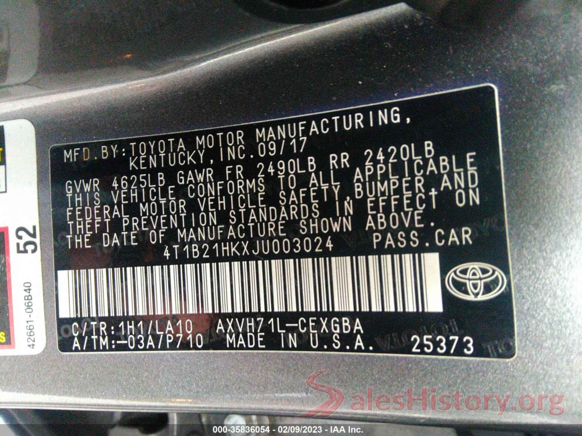 4T1B21HKXJU003024 2018 TOYOTA CAMRY