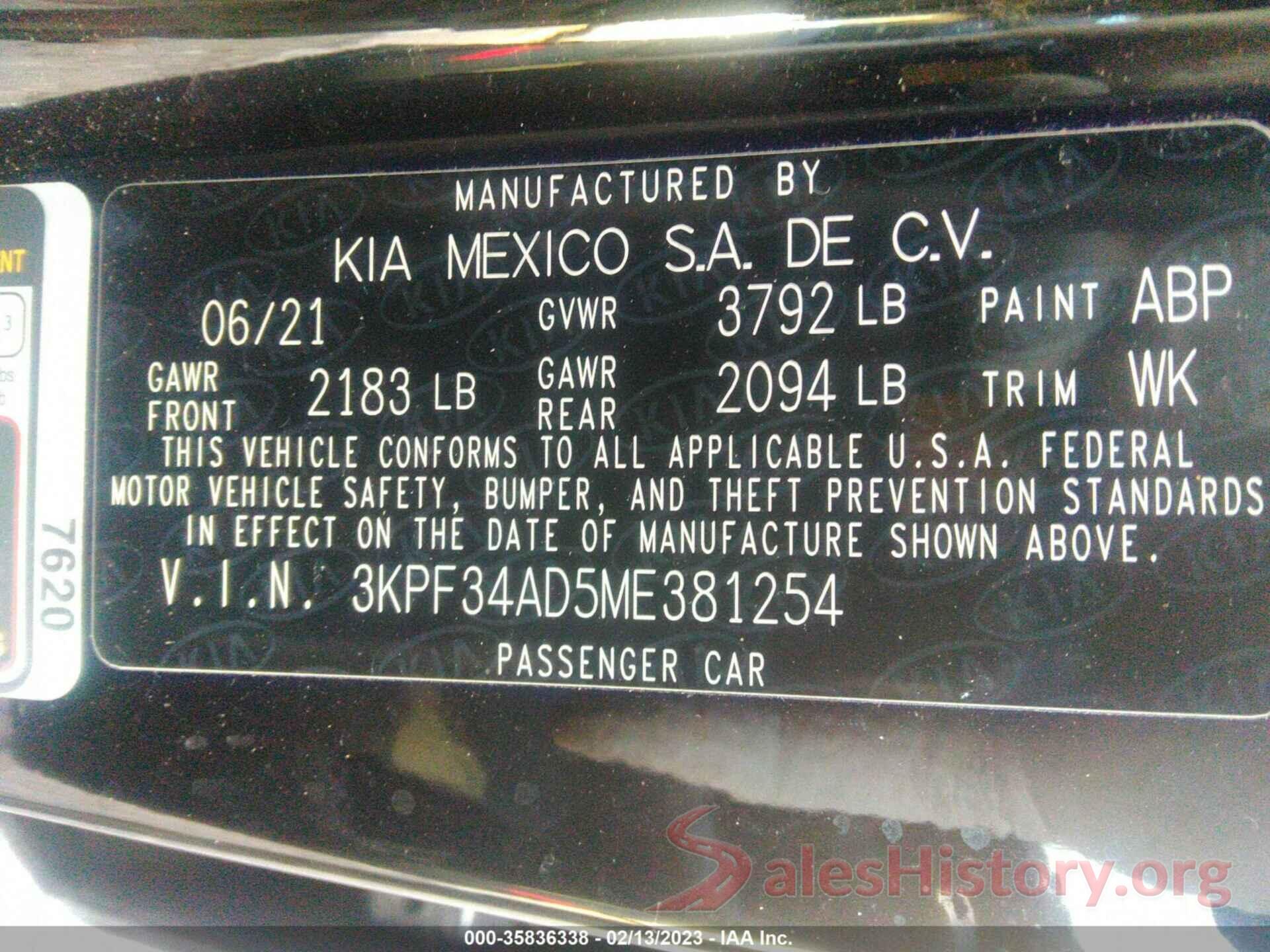 3KPF34AD5ME381254 2021 KIA FORTE