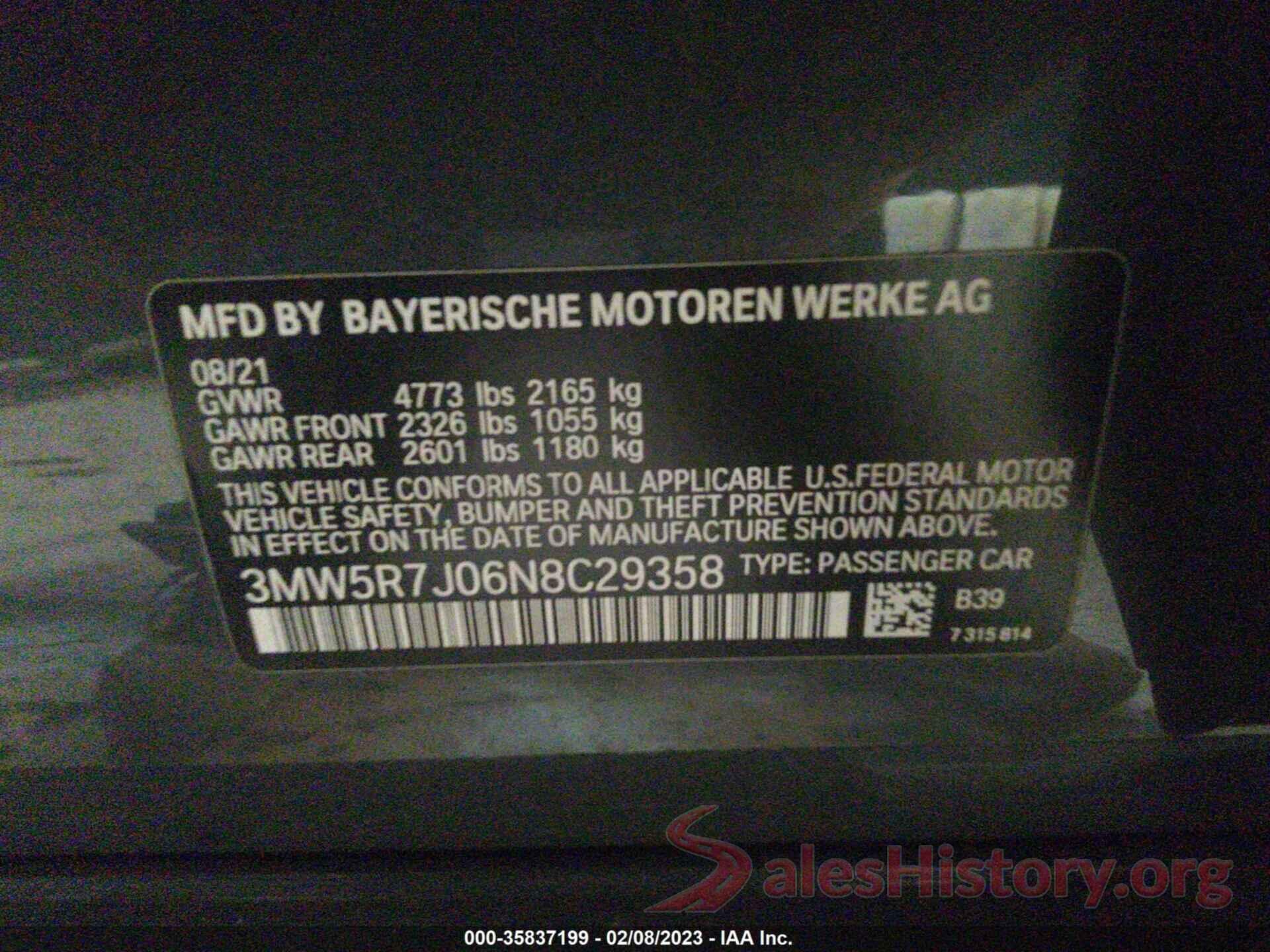 3MW5R7J06N8C29358 2022 BMW 3 SERIES