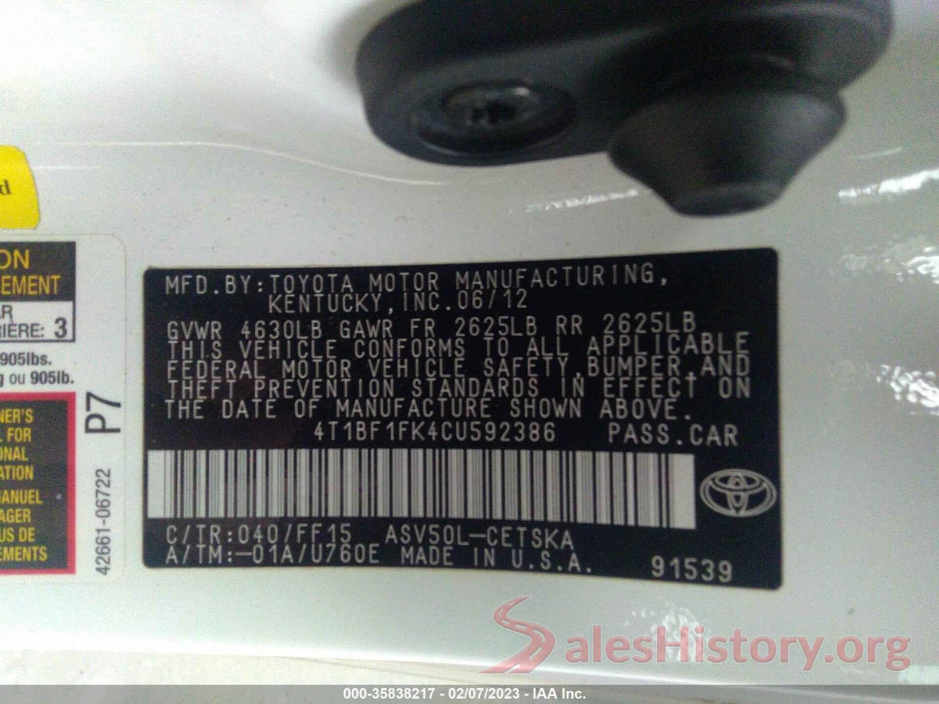 4T1BF1FK4CU592386 2012 TOYOTA CAMRY