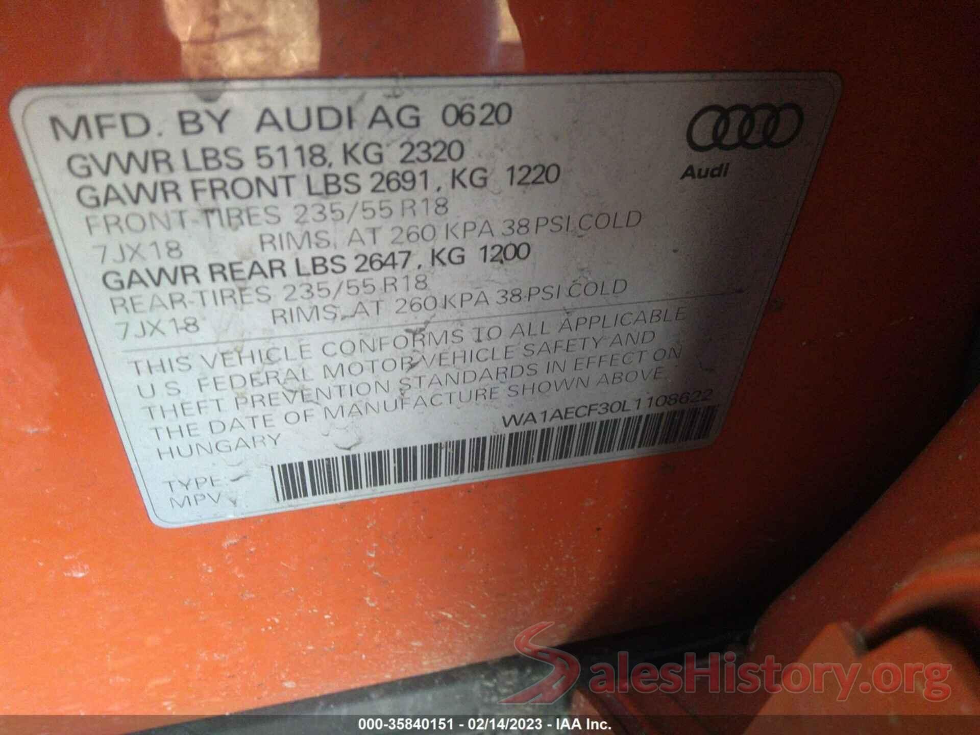 WA1AECF30L1108622 2020 AUDI Q3