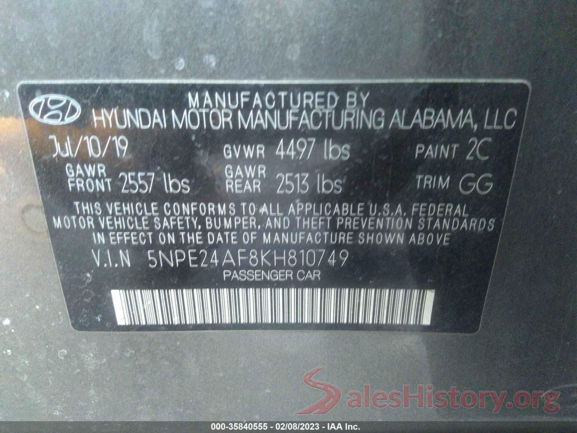 5NPE24AF8KH810749 2019 HYUNDAI SONATA