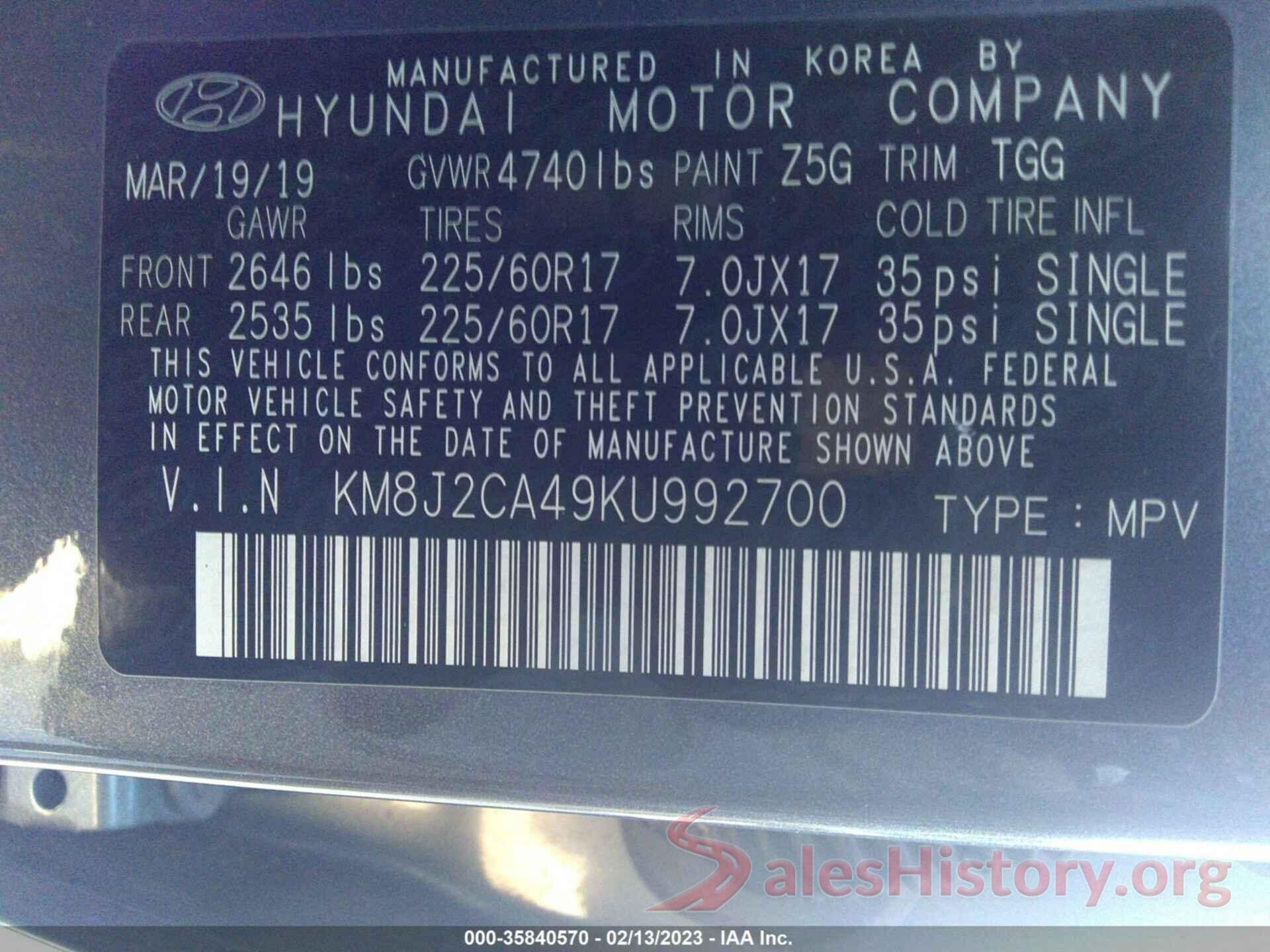 KM8J2CA49KU992700 2019 HYUNDAI TUCSON