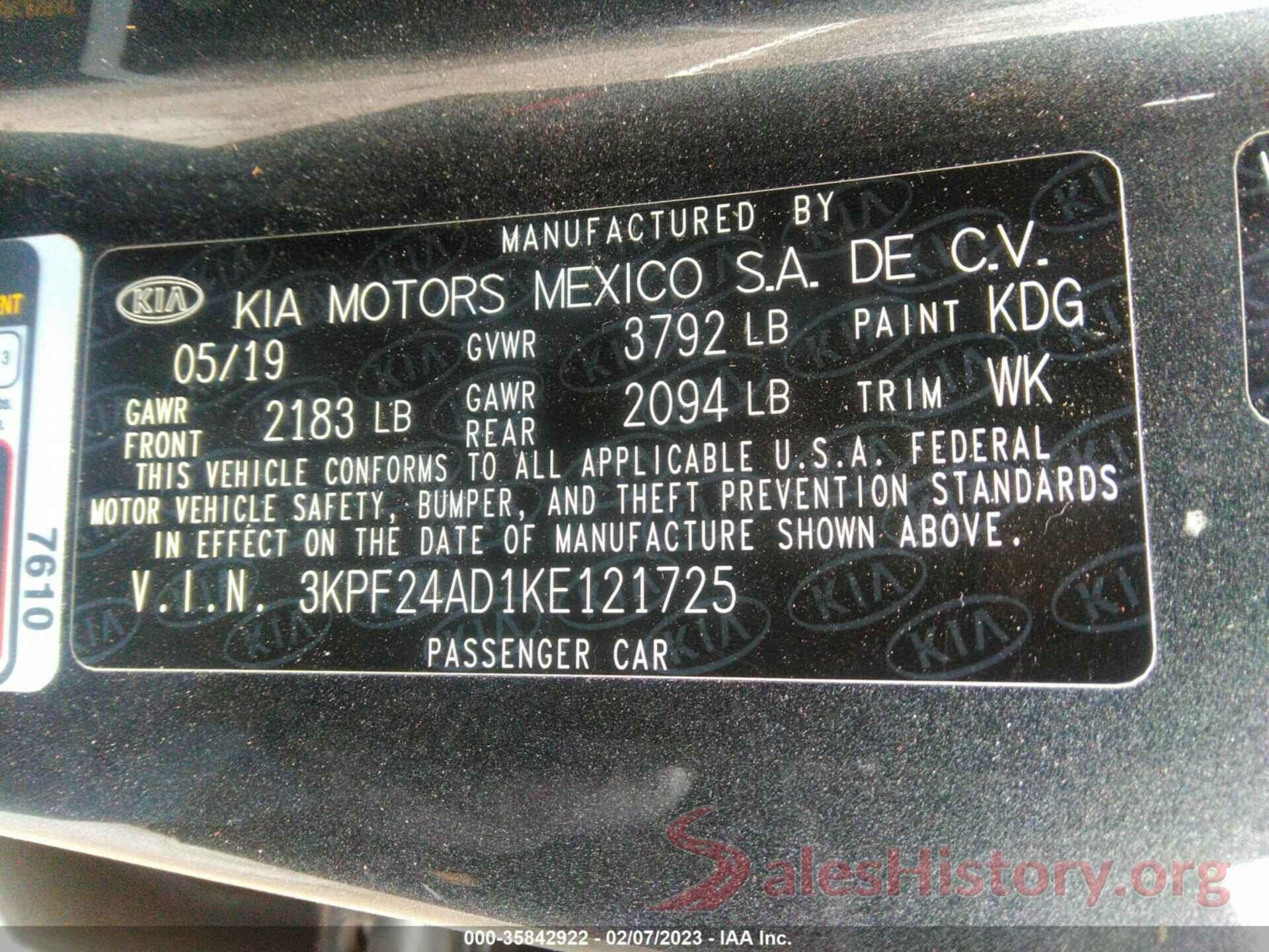 3KPF24AD1KE121725 2019 KIA FORTE