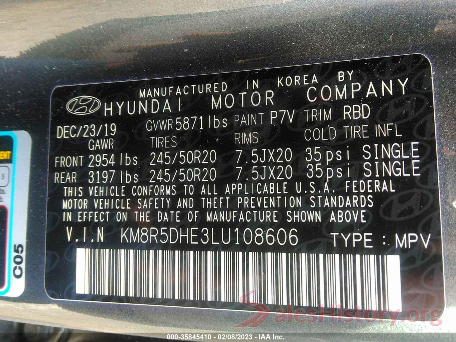 KM8R5DHE3LU108606 2020 HYUNDAI PALISADE