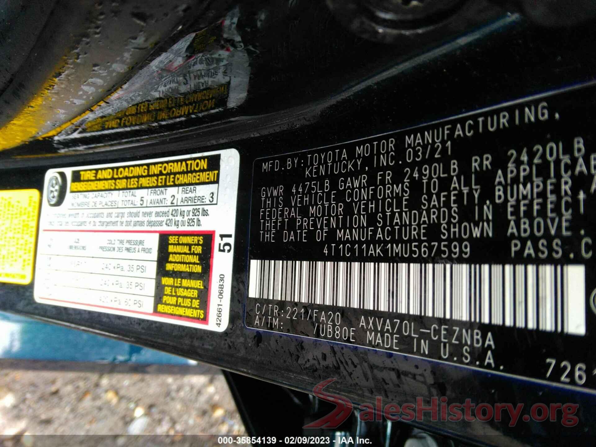 4T1C11AK1MU567599 2021 TOYOTA CAMRY