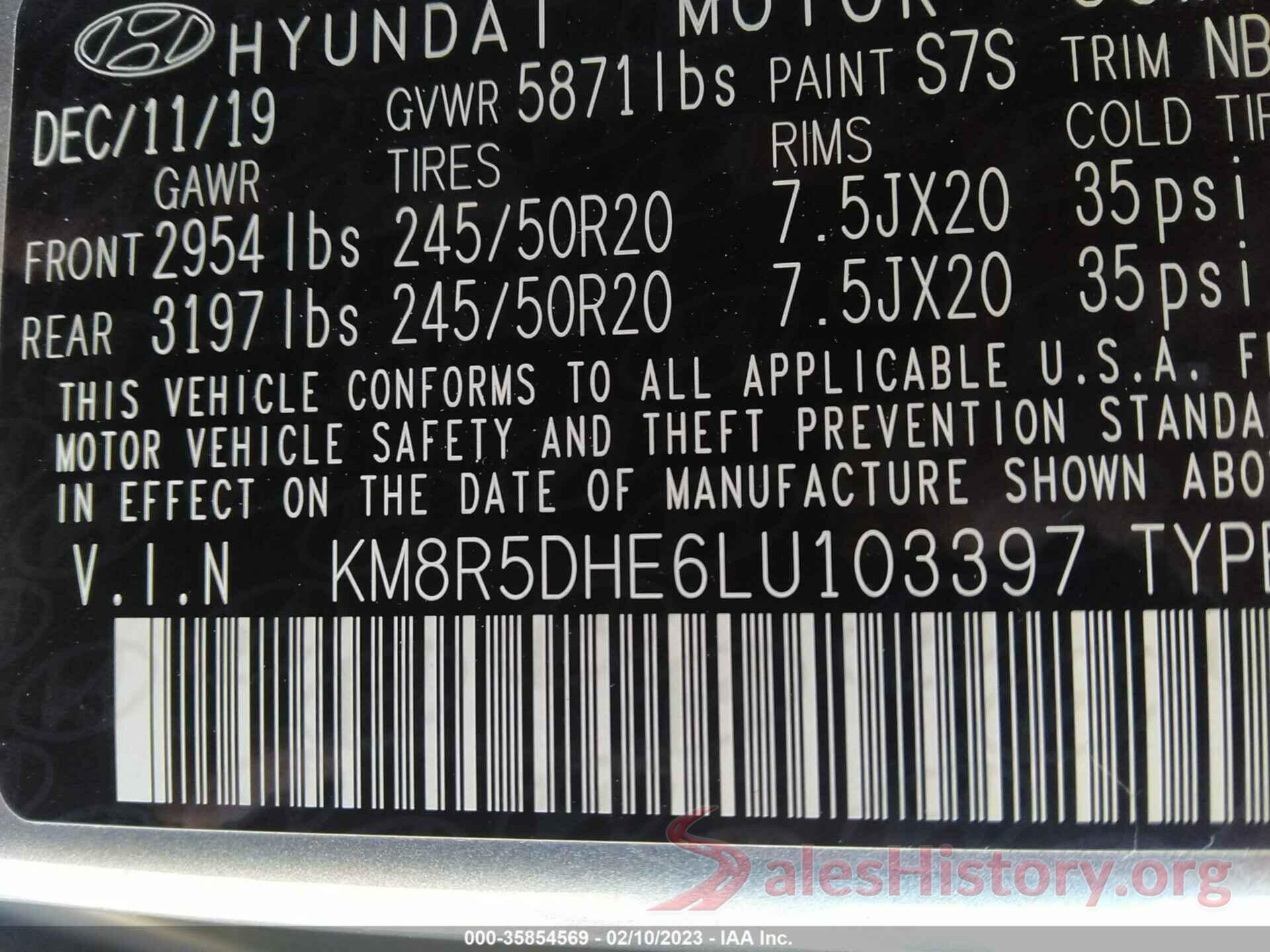 KM8R5DHE6LU103397 2020 HYUNDAI PALISADE