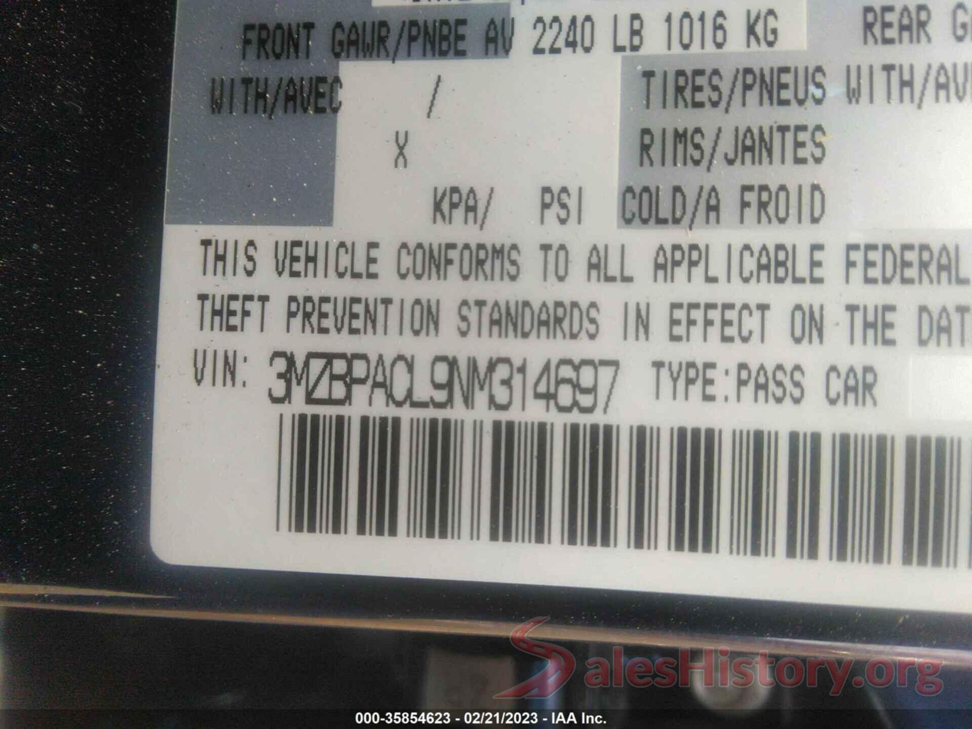 3MZBPACL9NM314697 2022 MAZDA MAZDA3 SEDAN