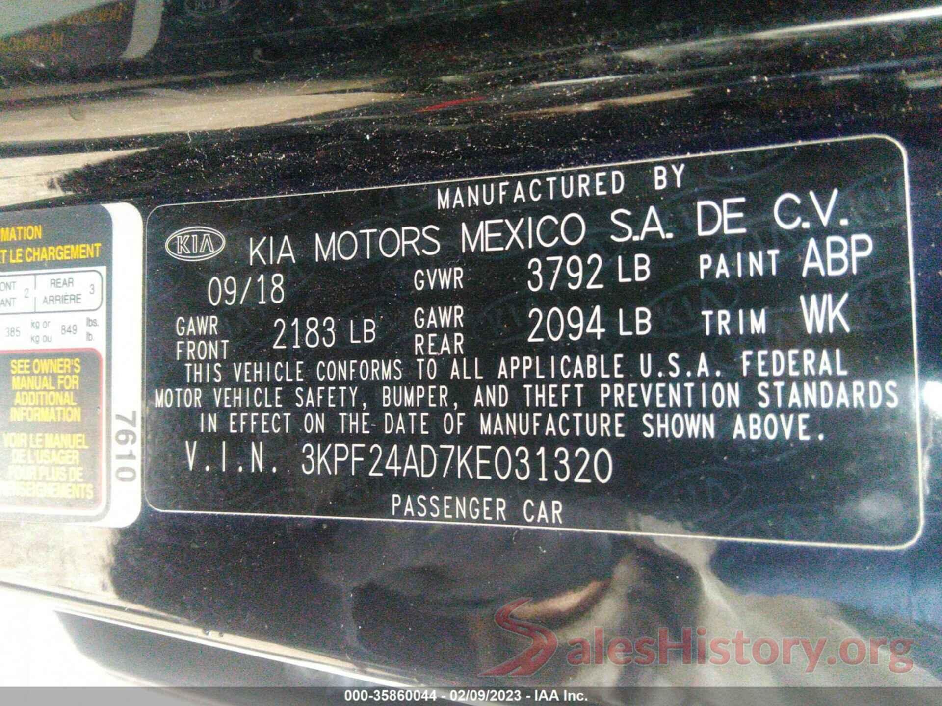 3KPF24AD7KE031320 2019 KIA FORTE