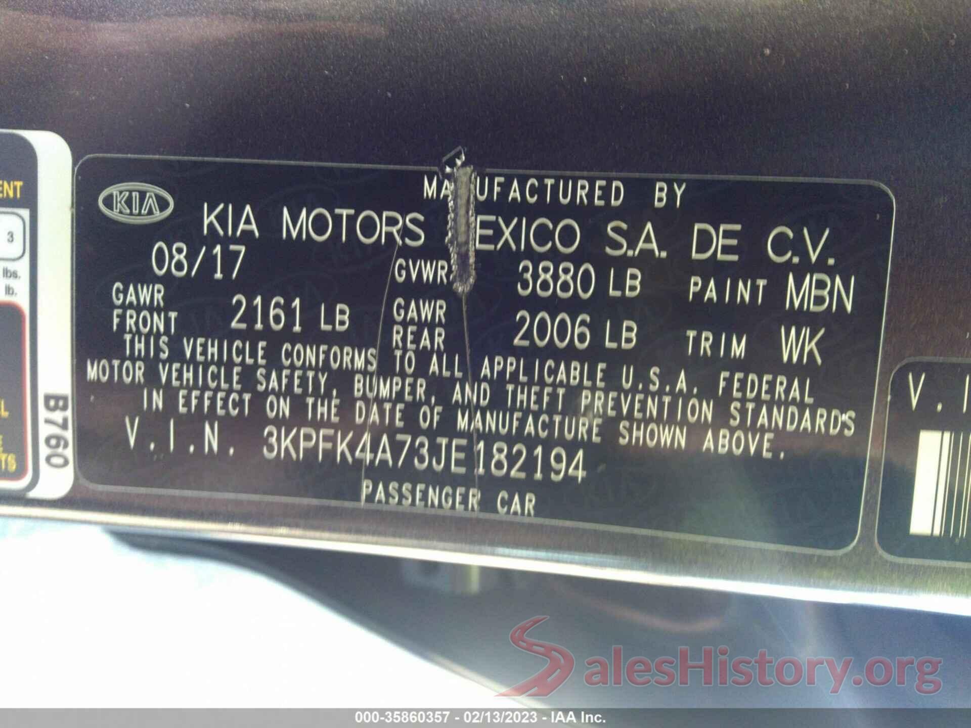 3KPFK4A73JE182194 2018 KIA FORTE